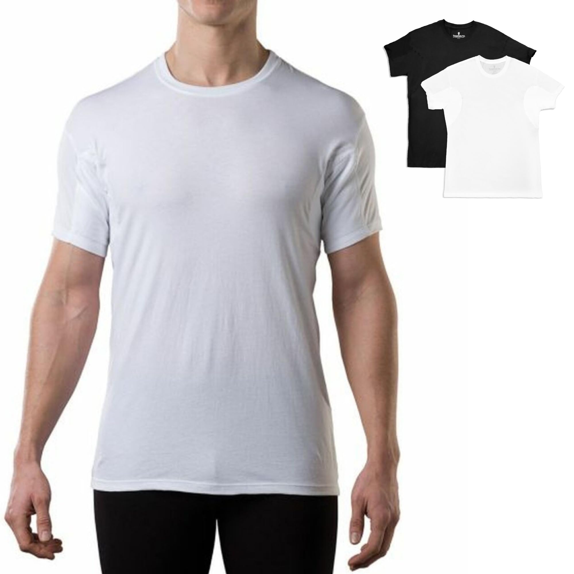 Men's Sweatproof Undershirt | Cotton Crew Neck | Original Fit | with Sweat Pads | White and Black Bundle | Large