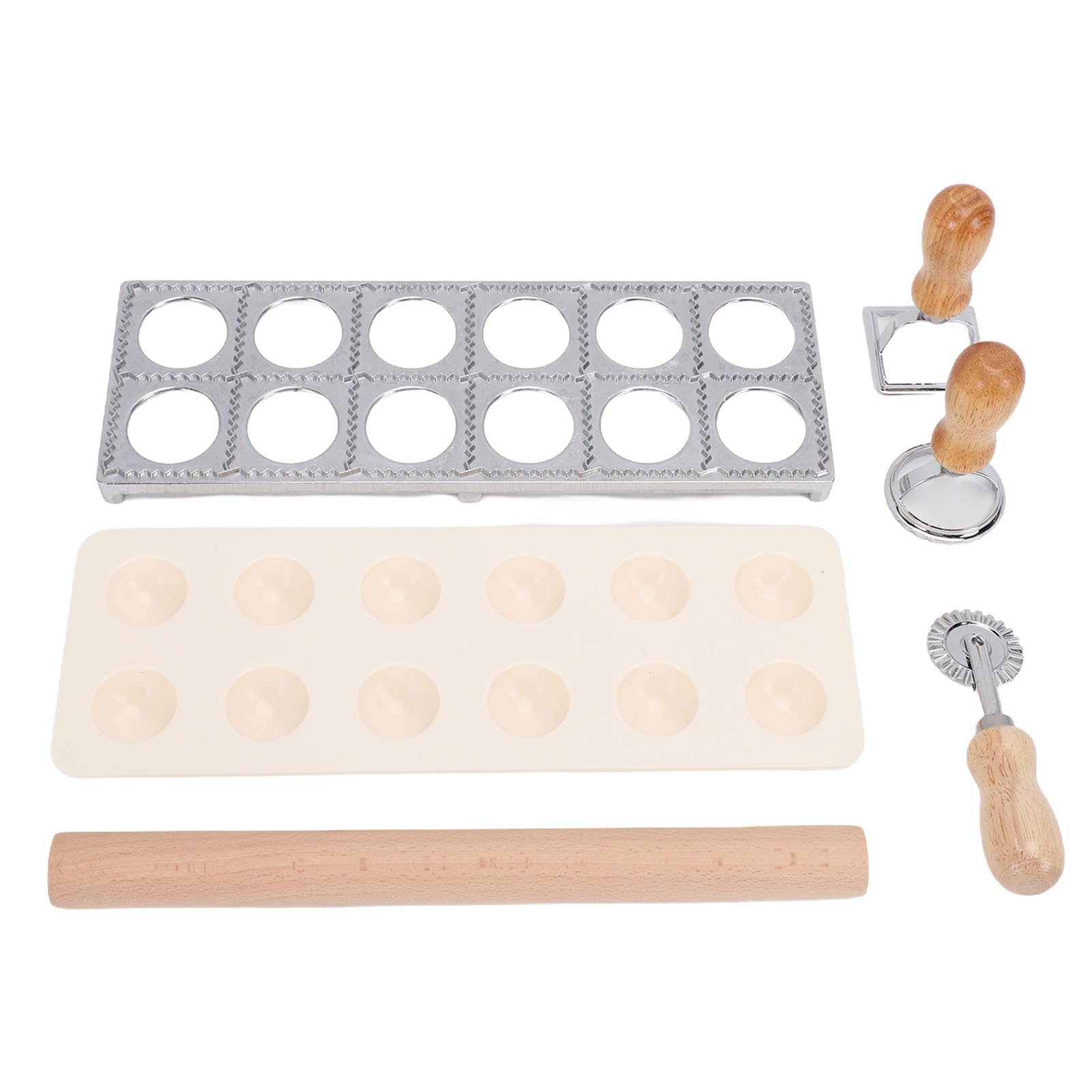 Luocute Cortador para Hacer Raviolis Cuadrados, Molde para Bola de Masa de Aleación de Aluminio de 12 Agujeros con Rodillo de Madera, Molde para Pasta y Sellos para Cocinar Albóndigas