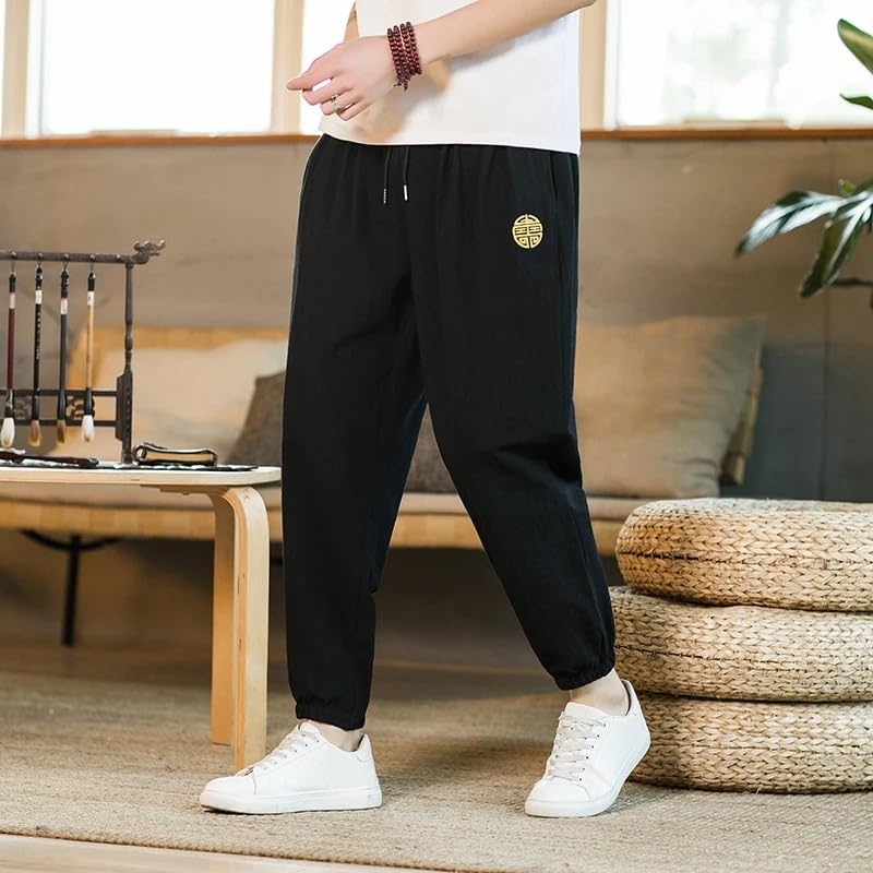 Summer Chinese Style Cotton Linen Casual Ninth Pants Men Embroidery Loose Harem Pants4