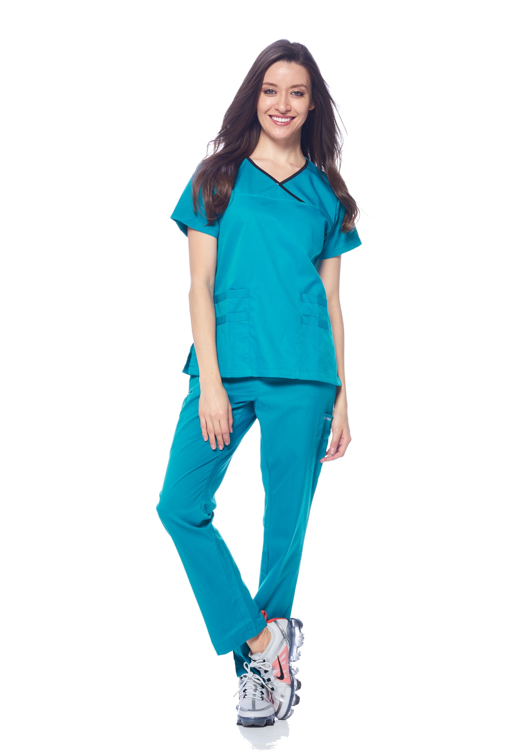Dagacci Medical Uniform Women's Teal Green Scrub Set Stretch Contrast Binding Top And Pants - Green - Medium