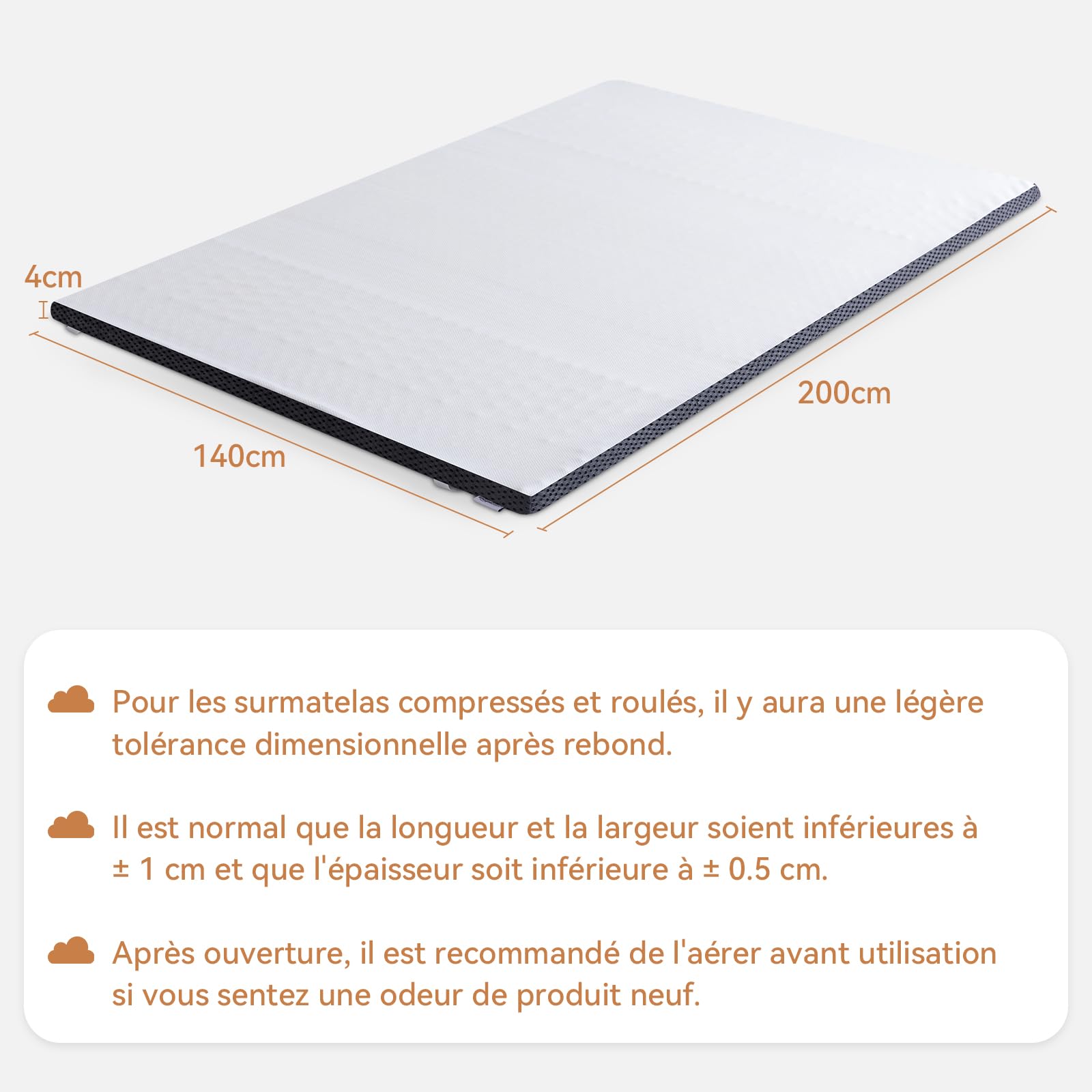 Amazon Basics Surmatelas de Mousse à Mémoire de Forme avec Sangles, 140 x 200 x 4 cm, Blanc