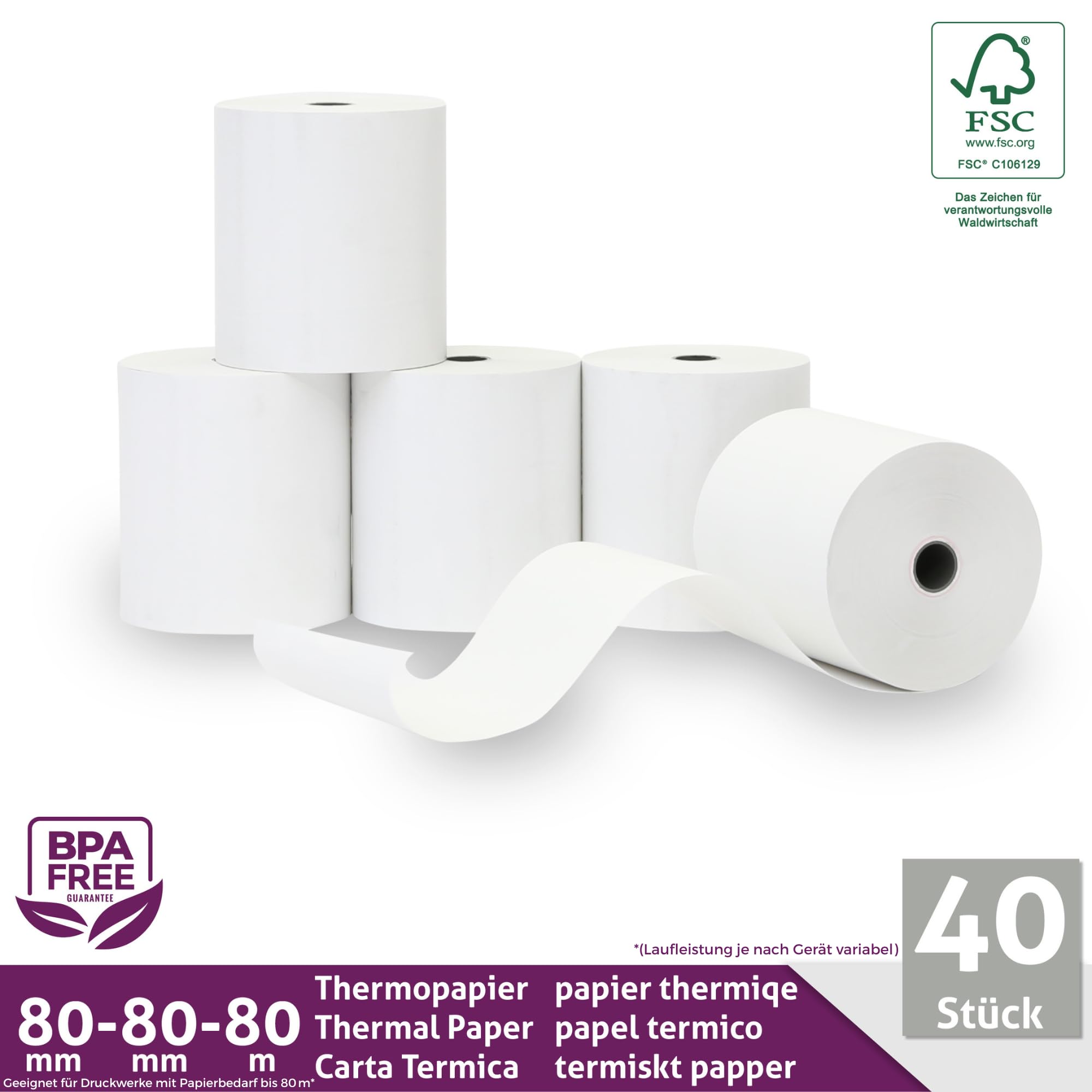 LYNNE - Rollos Papel Termico 80x80 para Impresora de Tickets - Para caja registradora con impresora de recibos - Papel impresora Termica 80x80x12 - Rollo Papel térmico 80mm x 80mm x 80m - [40x]