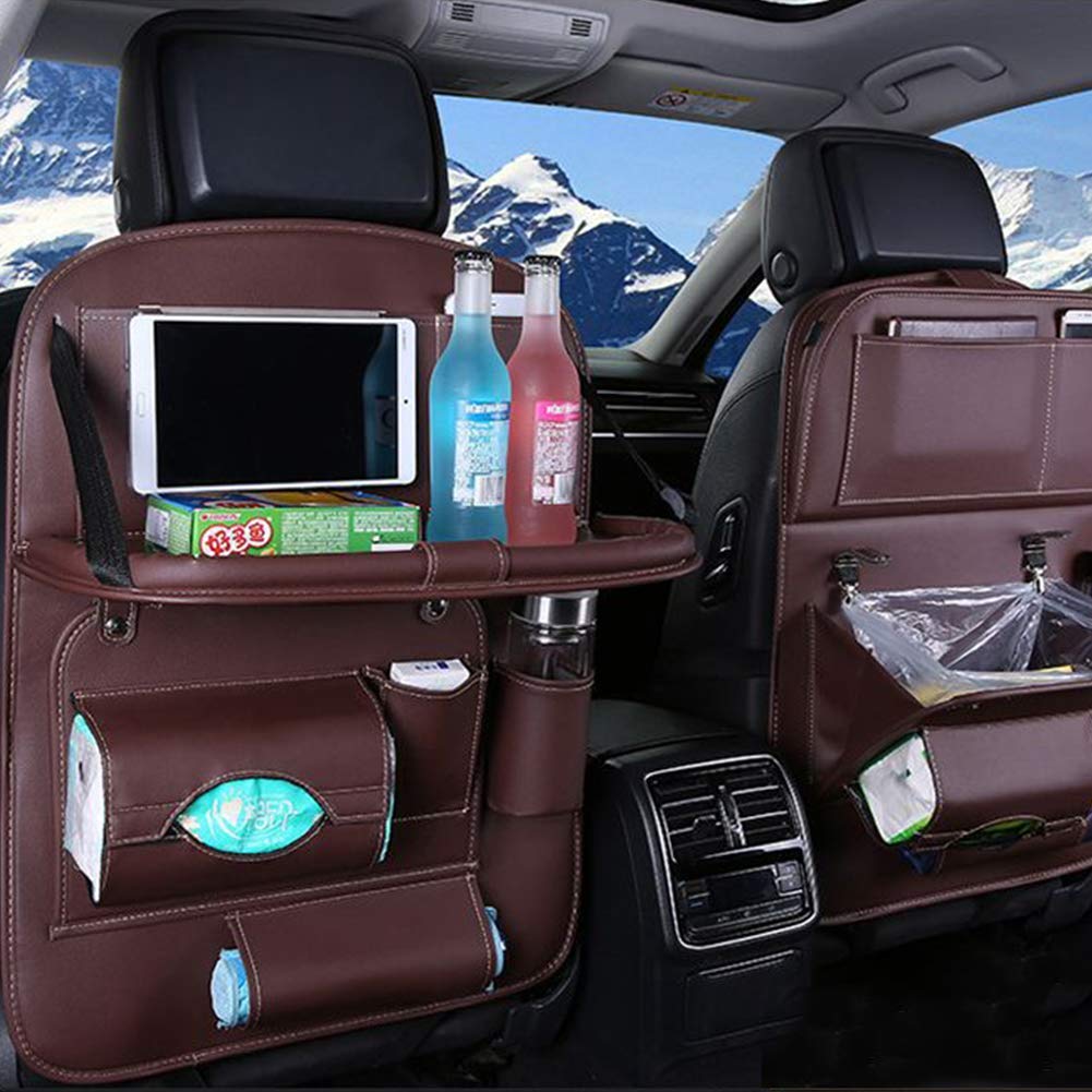 Organizador Del Asiento Automóvil, Organizador De Accesorios De Viaje En Automóvil De Cuero De La PU, Con Bandeja Plegable Y Bote De Basura, Alfombrillas Protectoras Del Asiento Trasero,Café