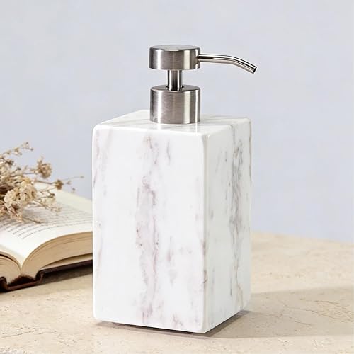 Miniatura 1 de Dispensador de jabón cuadrado de mármol blanco, dispensador de loción de mármol orgánico natural prémium con bomba de metal, elegante tarro de