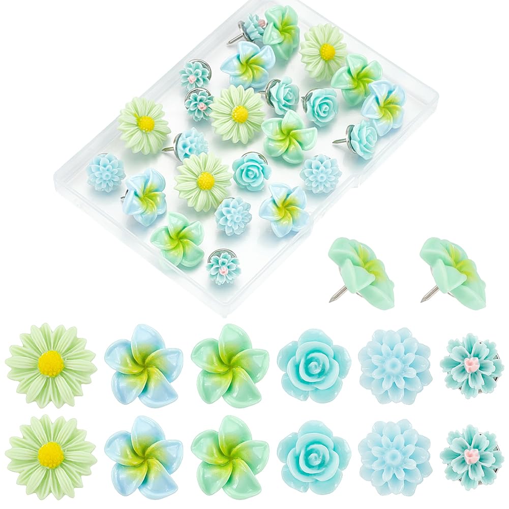 BEAMARKER Green Flower Push Pins for Cork Board 24Pcs 6 Styles Bulletin Board Tacks Resin Flower Drawing Pins Cute Floral Thumb Tack Decorative for Corkboard Office Organization Home Photo Wall Map
