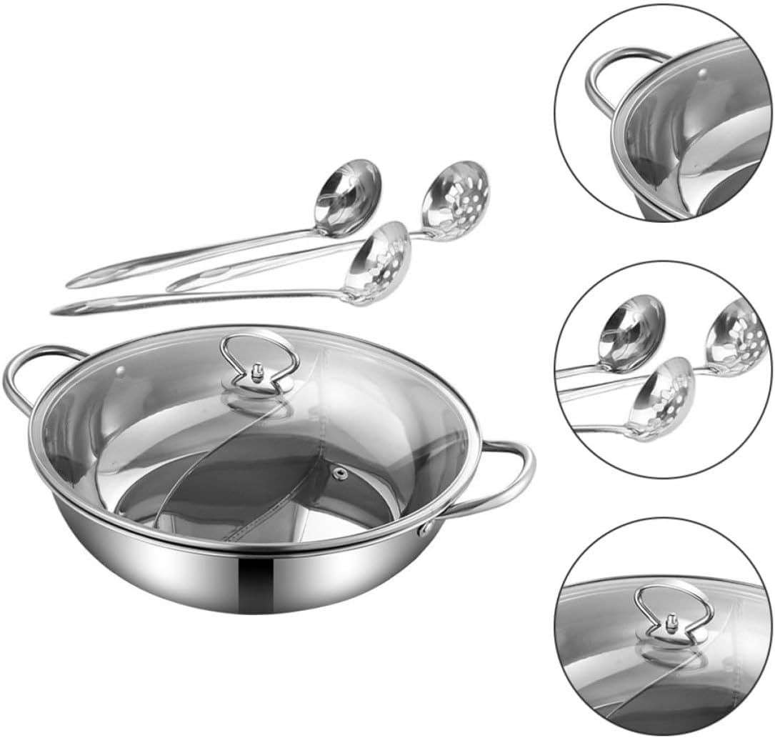 Two Flavor Hot Pot Stainless Steel Set with Spoon Colander Xmas