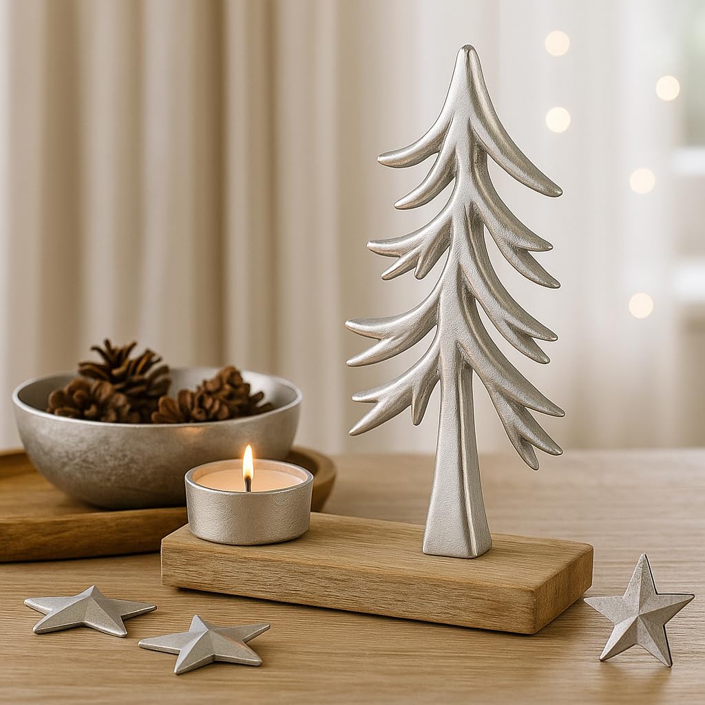 Portavelas Xmas 1, Plata, Juego de 2, Aluminio con Base de Madera, 20 cm