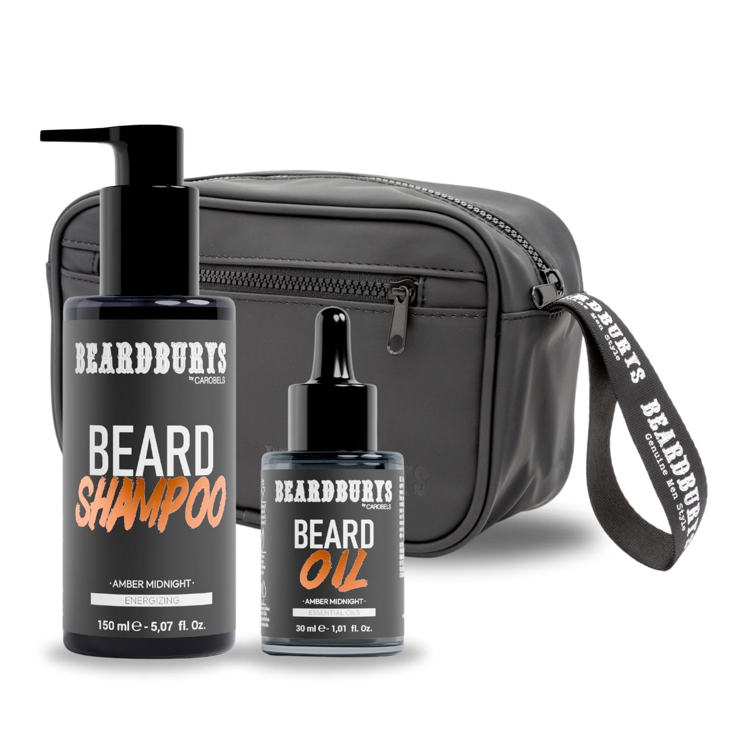 Beardburys Kit Cuidado Barba Hombre Profesional | Champú para Barba + Aceite para Barba + Neceser, Aroma Masculino Seductor, Vegano - Regalos Originales para Hombre