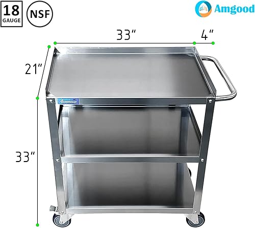 Miniatura 8 de AmGood Carrito utilitario de acero inoxidable  Carrito de metal de 3 estantes sobre ruedas con asa  Para uso doméstico y comercial (15 pulgadas de