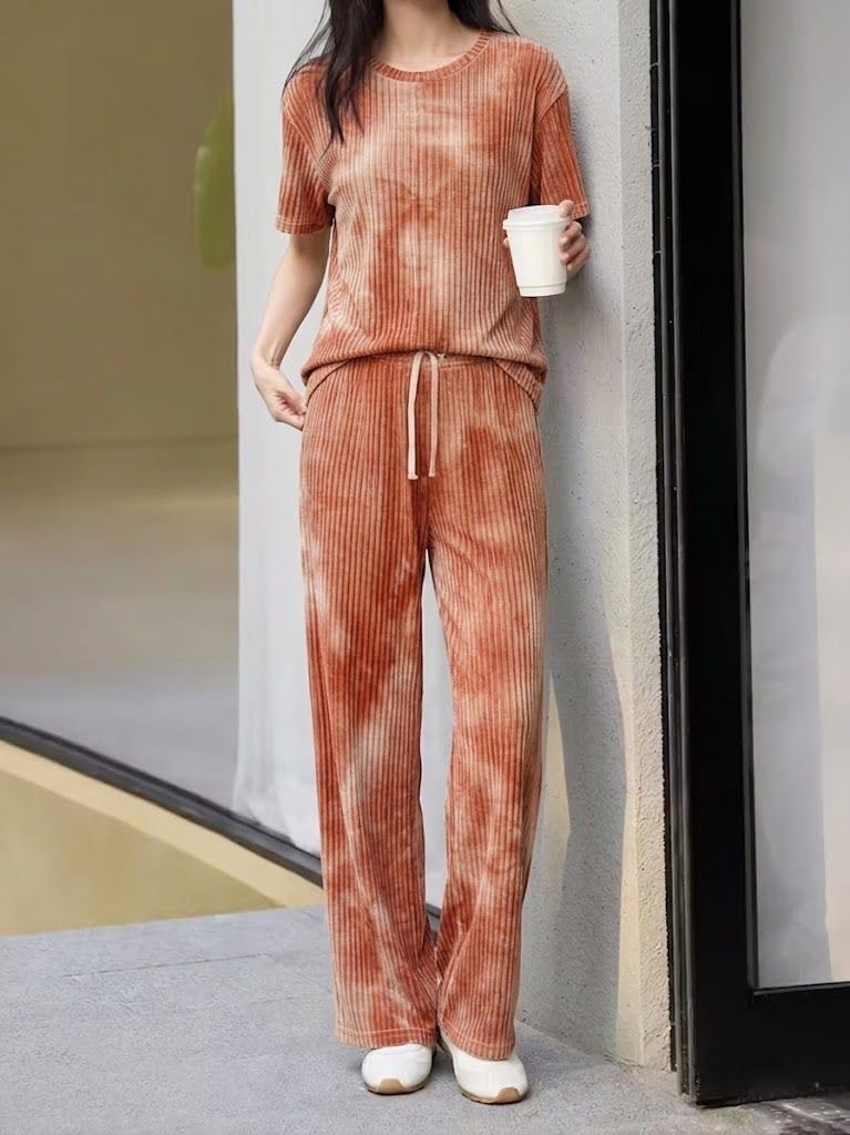 SMOWKLY Conjunto de pijama elegante de mezcla de algodón para mujer, teñido anudado, ajuste relajado, camiseta de manga corta y pantalón largo, conjunto de ropa de dormir con bolsillos