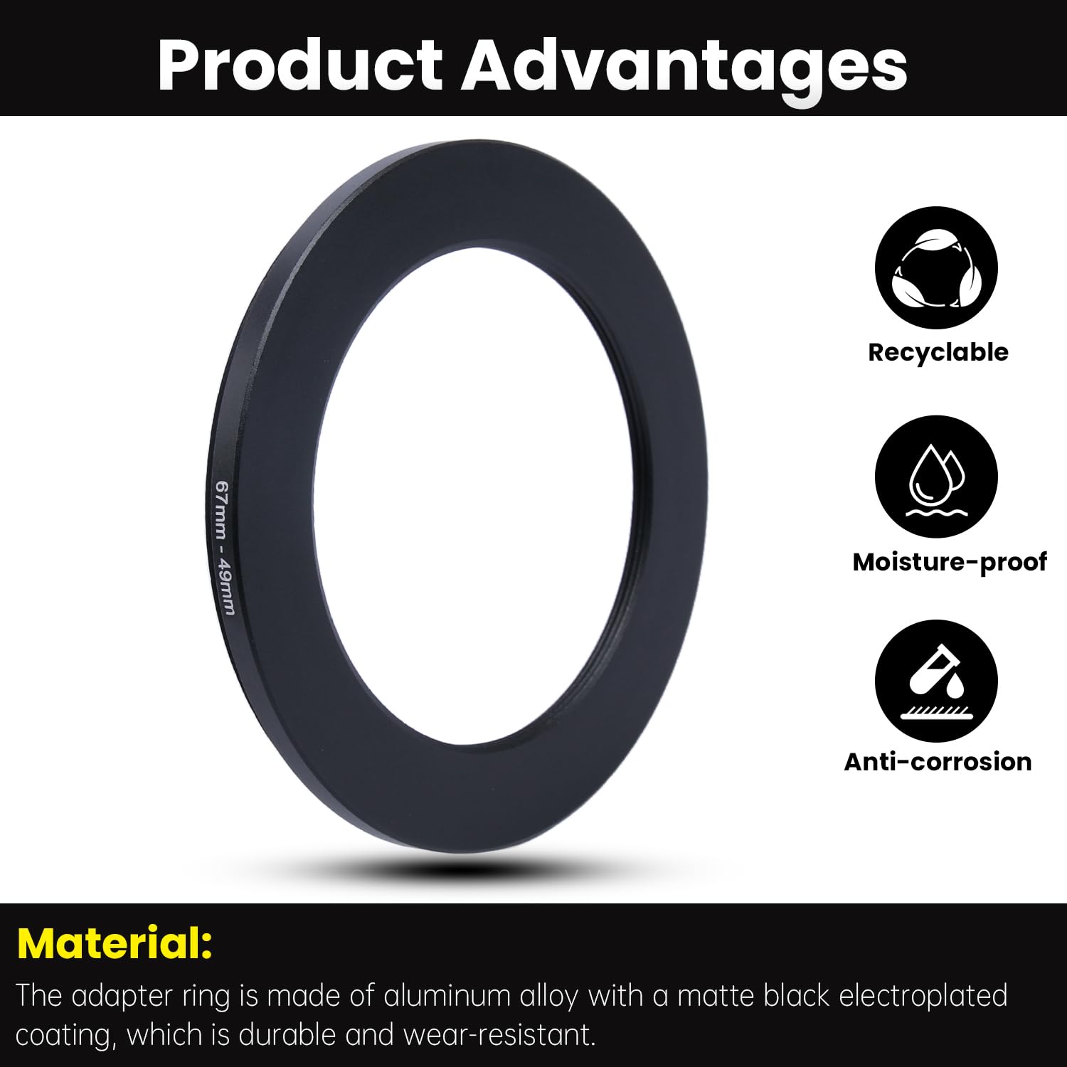 Metalowy adapter do filtra Step-Down Ring – 67 mm na 49 mm – metalowy pierścień step-down adapter do filtrów, kompatybilny ze wszystkimi 49 mm UV, CPL, ND, osłonami obiektywu, obiektywami gwintowanymi