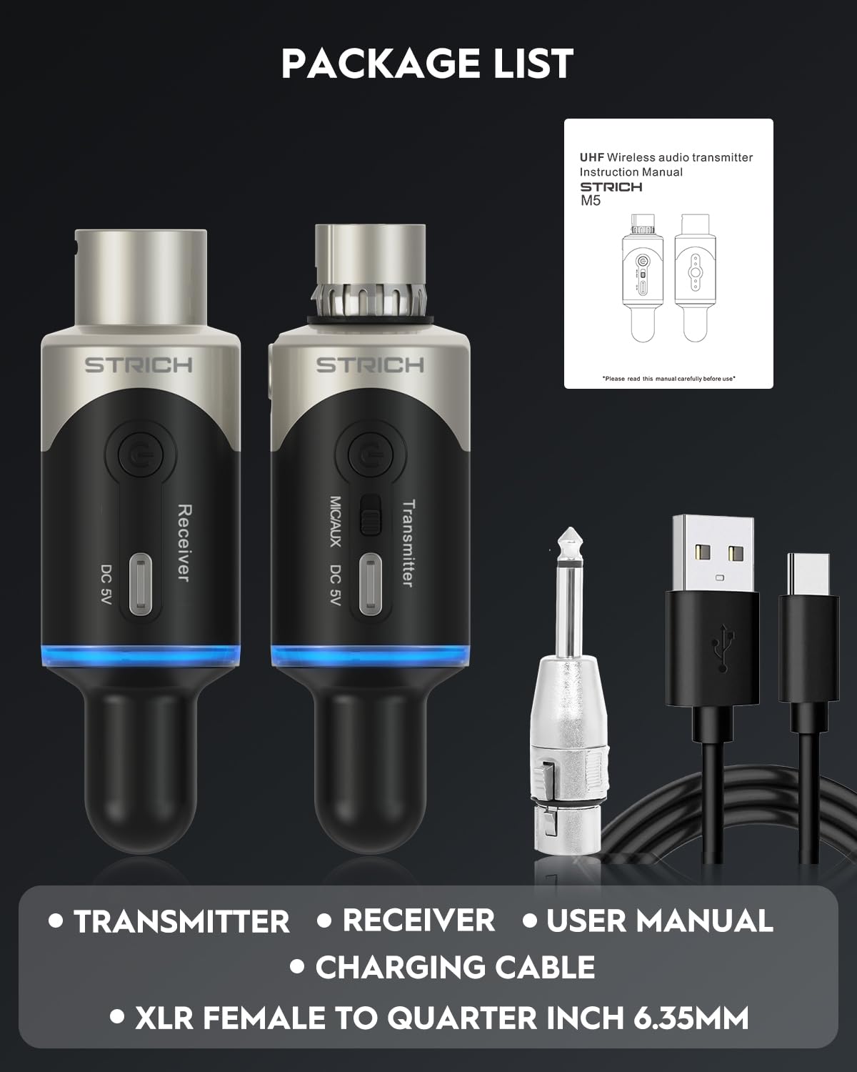 STRICH M5 Sistema de Micrófono Inalámbrico UHF XLR, Transmisor & Receptor de 4 Canales para Micrófono Dinámico, Rango 61m, Latencia ＜1ms, Compatible con Mezclador de Audio/Altavoz PA