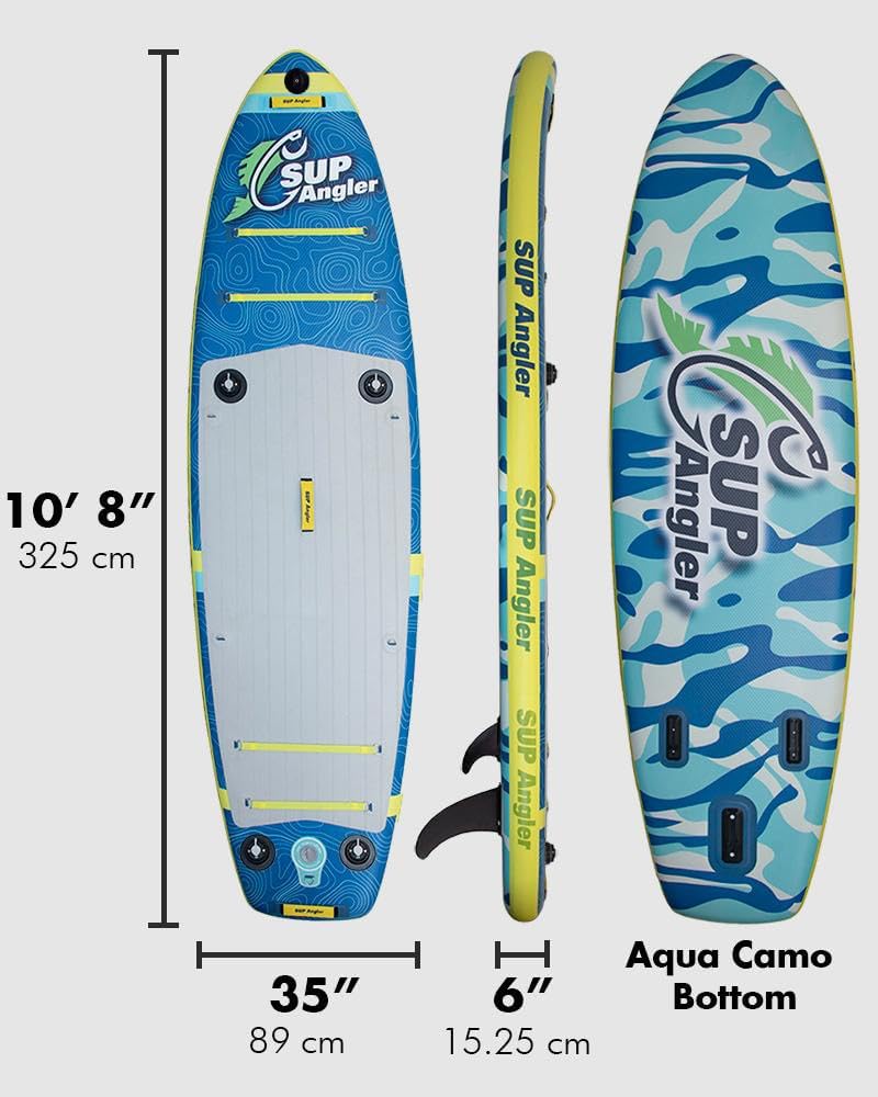 SUP Angler X-Wide Inflatable Fishing Paddle Board with Seat, Choose Accessories Package, Adjustable Fishing Rod Holders, Accessory Ports, Dual Paddle, Quad Bungees, 10'8" X 35"