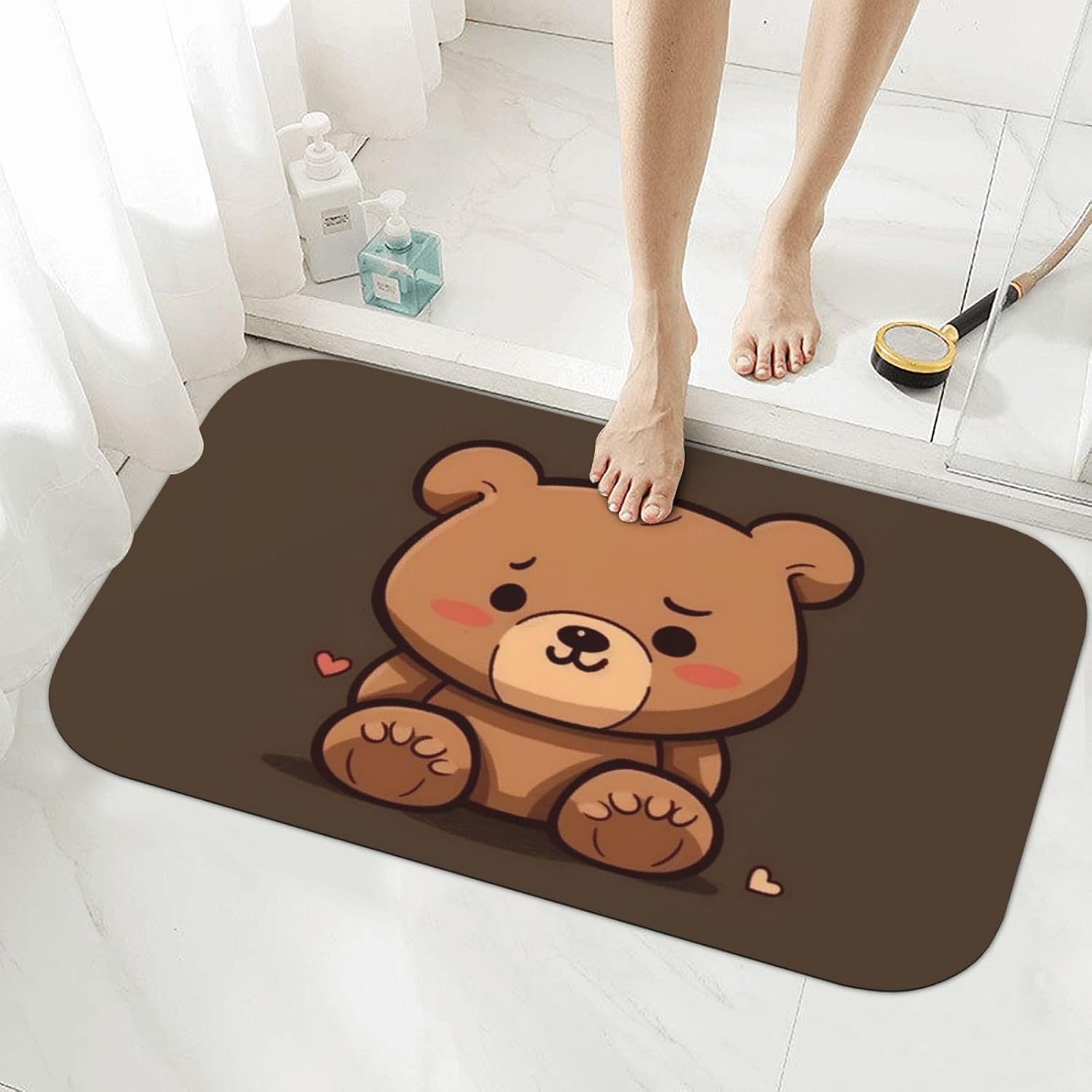 Stone Bath Mats Cartoon Brown Cute Bear Diatomaceous Earth Bath Mat Super Absorbent Bathroom Floor Mat Quick Drying Diatomite Shower Mat for Shower Bathtub Bathroom Accessory 19.7x31.5in