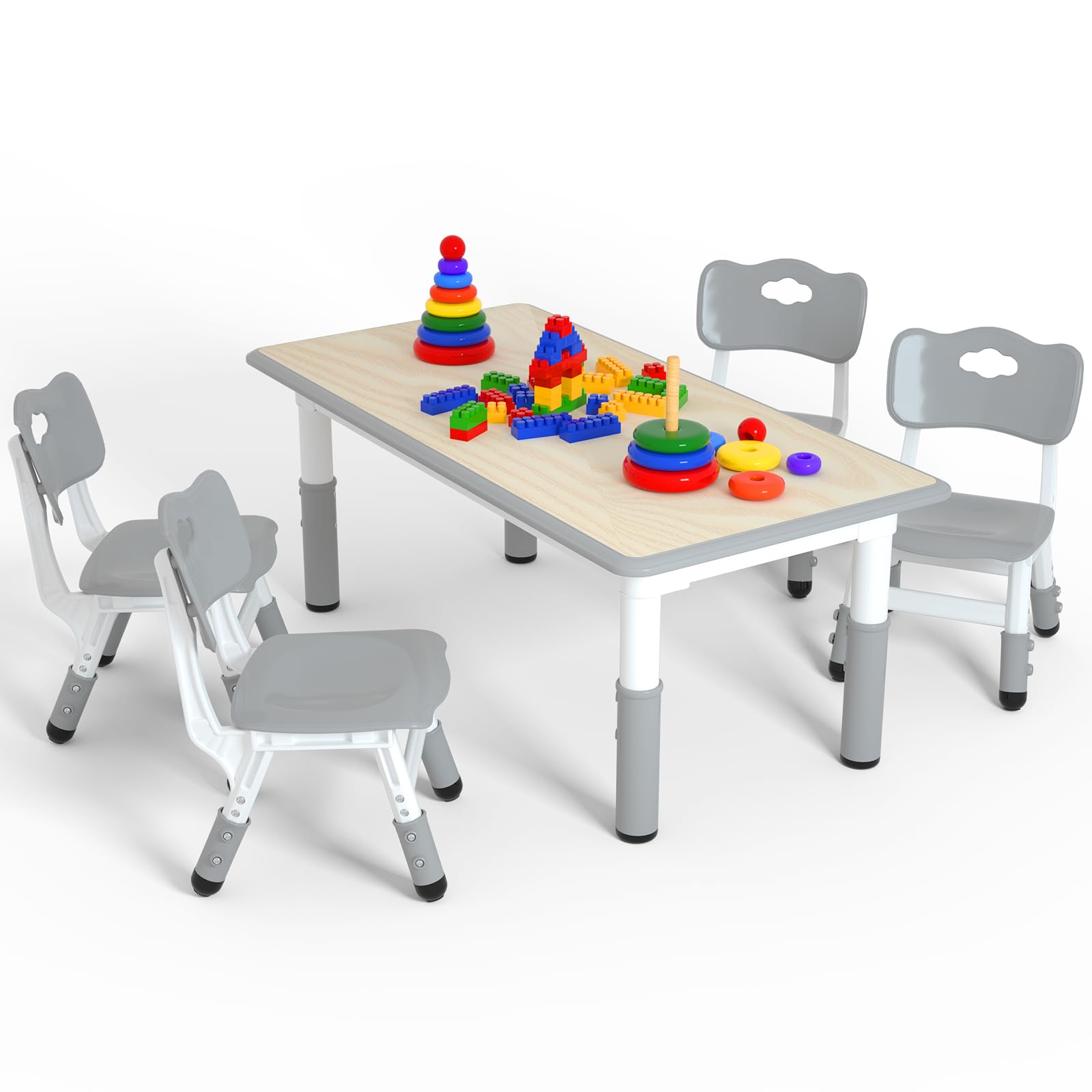 LulliSpace Kids Table and 4 Chairs Set，Height Adjustable Children Table &amp; Chair，Toddlers Study Multi-Activity Table with 47.2"x23.6" Wipe-Clean Desktop，for Classrooms, Homes &amp; Daycares