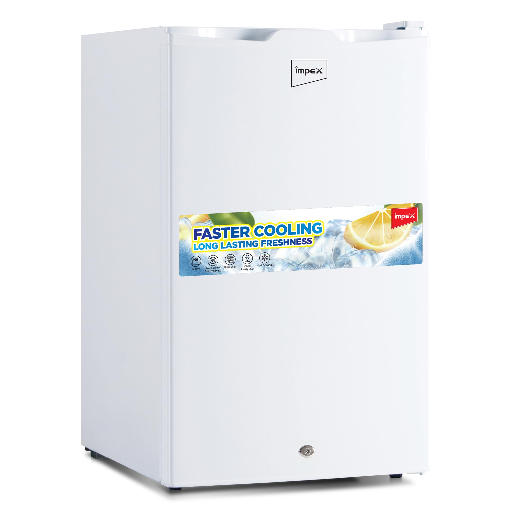 Impex 90 L Single Door Mini Refrigerator, (3 Cubic Feet) Freezer Fridge, Glass Shelves, Safety Lock And Key, Low Noise, Energy Saving, Fast Cooling, White (IMRF 140)