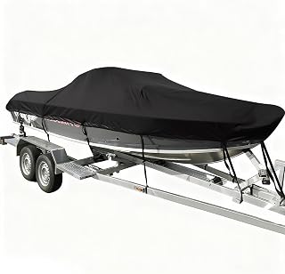 Boat Cover – Heavy Duty Waterproof Marine Grade Polyester, Fits 16' to 18.5' Bass, V-Hull, Tri-Hull, Runabout & Fish Ski Boats, Black