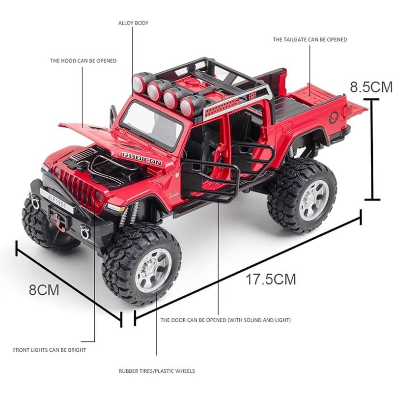 Image of Kids Model 1:32 Rubicon Die Cast Metal Car Pull Back Action Opening Doors with Realistic Engine Sound Lights Toy Car Gift for Boys - Red