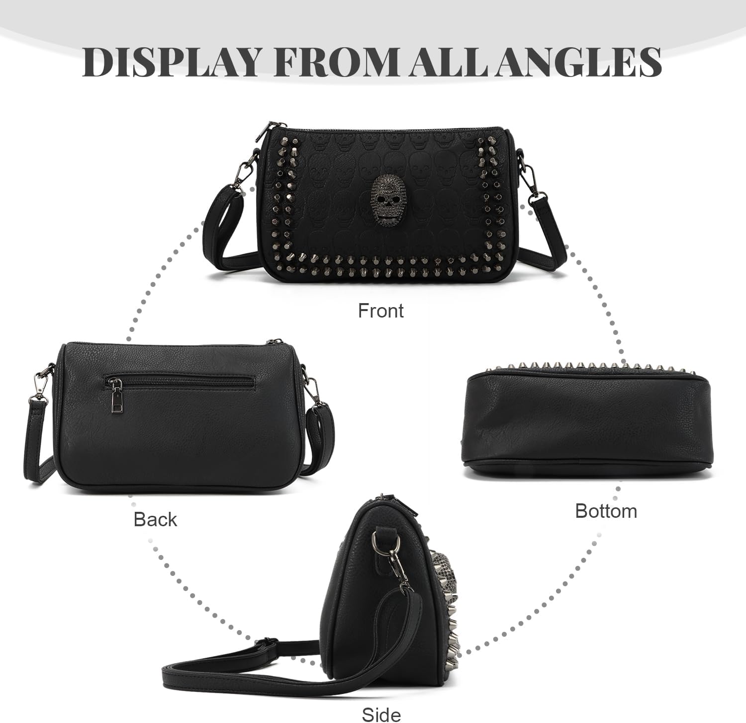 KUANG! Black Dark Punk Style Shoulder Bag Pu Leather Wristlets Clutch Purse Fashion Skull Rivets Handbags - Image 4