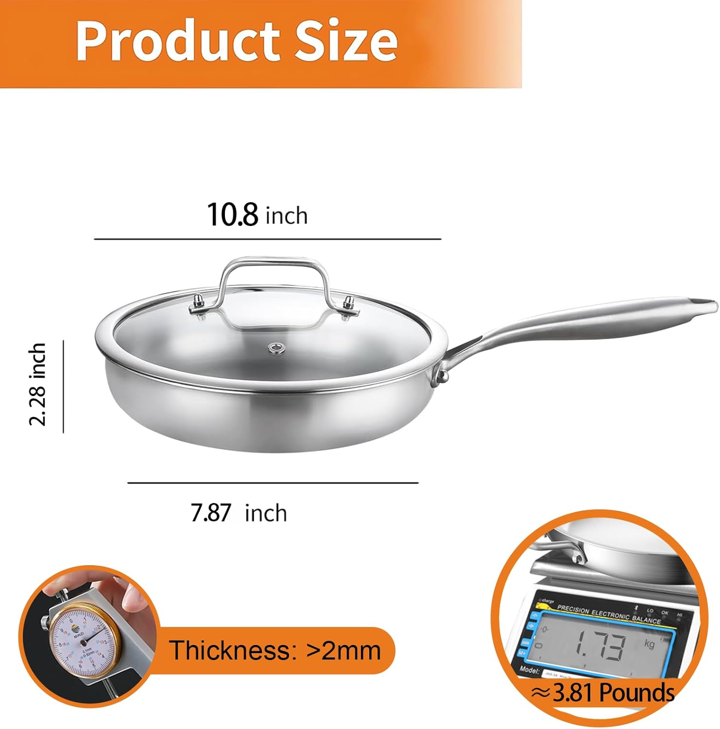 DELARLO Stainless Steel Pan丨10 Inch Skillet with Lid丨Oven Safe Up to 600℉丨Triply Stainless Steel Cookware丨Stainless Steel Pan 10 in丨Induction Compatible丨Fast Even Heat丨Large Cooking Surface - Image 3
