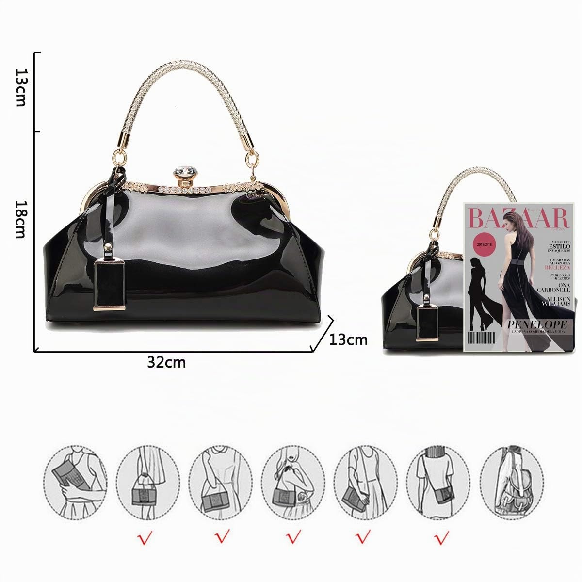 Borsa a mano con Tracolla Manico Intrecciata da Donna in Vernice PU per Signora Nero
