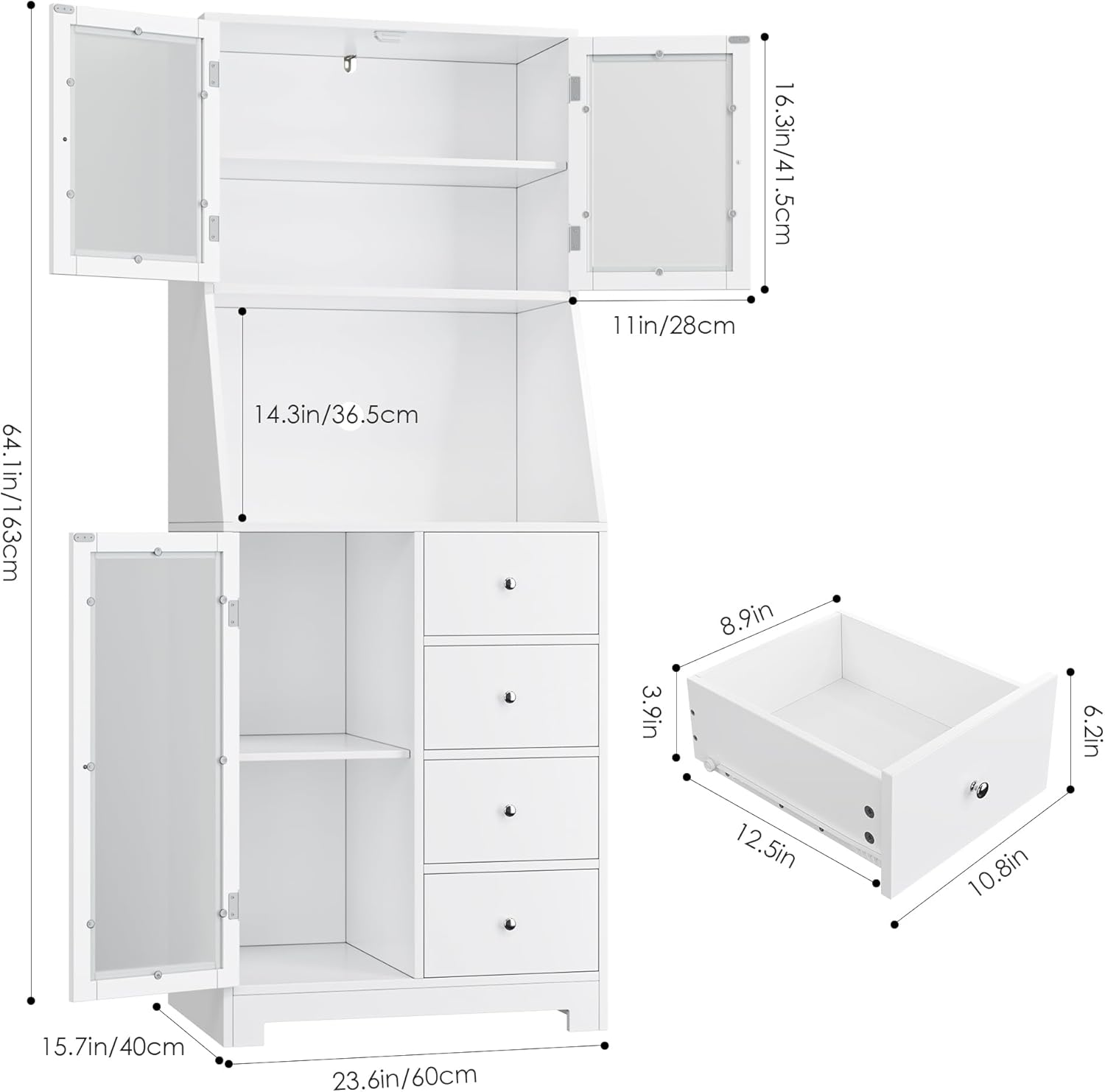 Color White  Size 64.2H Kitchen Pantry with Microwave Shelf, Cabinets and 4 Drawers, White