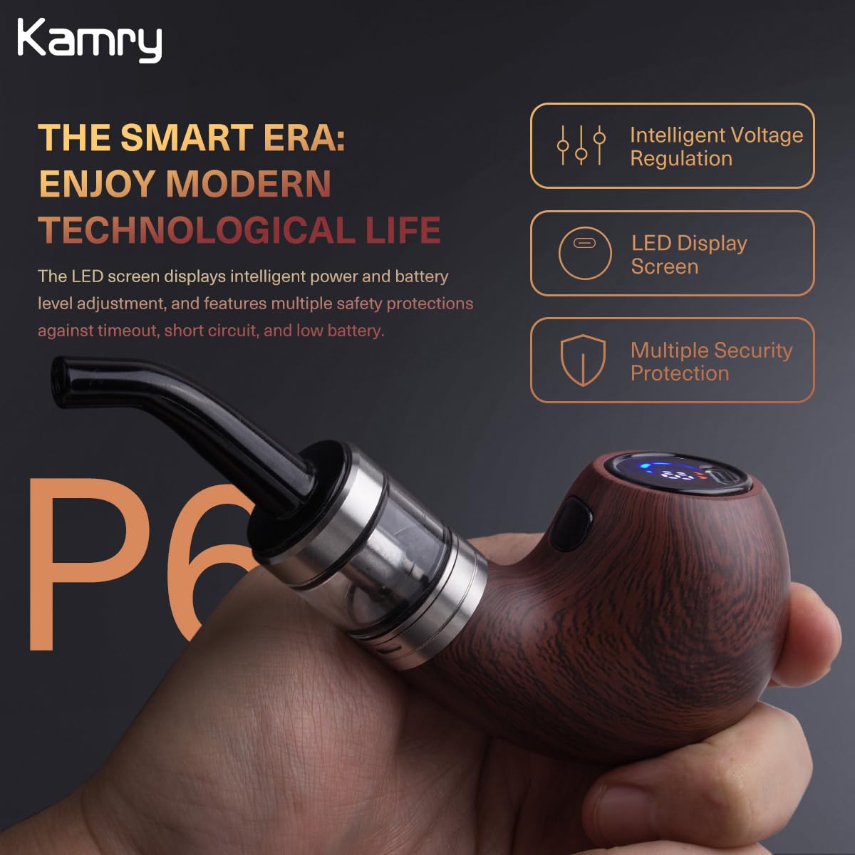 Kamry P6 Elektronische Shisha-Pfeife, E-Zigarette mit großem Dampfvolumen, Leistung einstellbar, mit 2-ml-Zerstäuber, leer, ohne Nikotin, keine Nachfüllungen