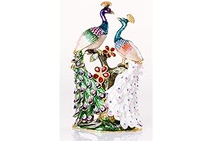 SEVENBEES Hand Painted Pair of Peacock Figurines Enamel Hinged Jewelry Trinket Box