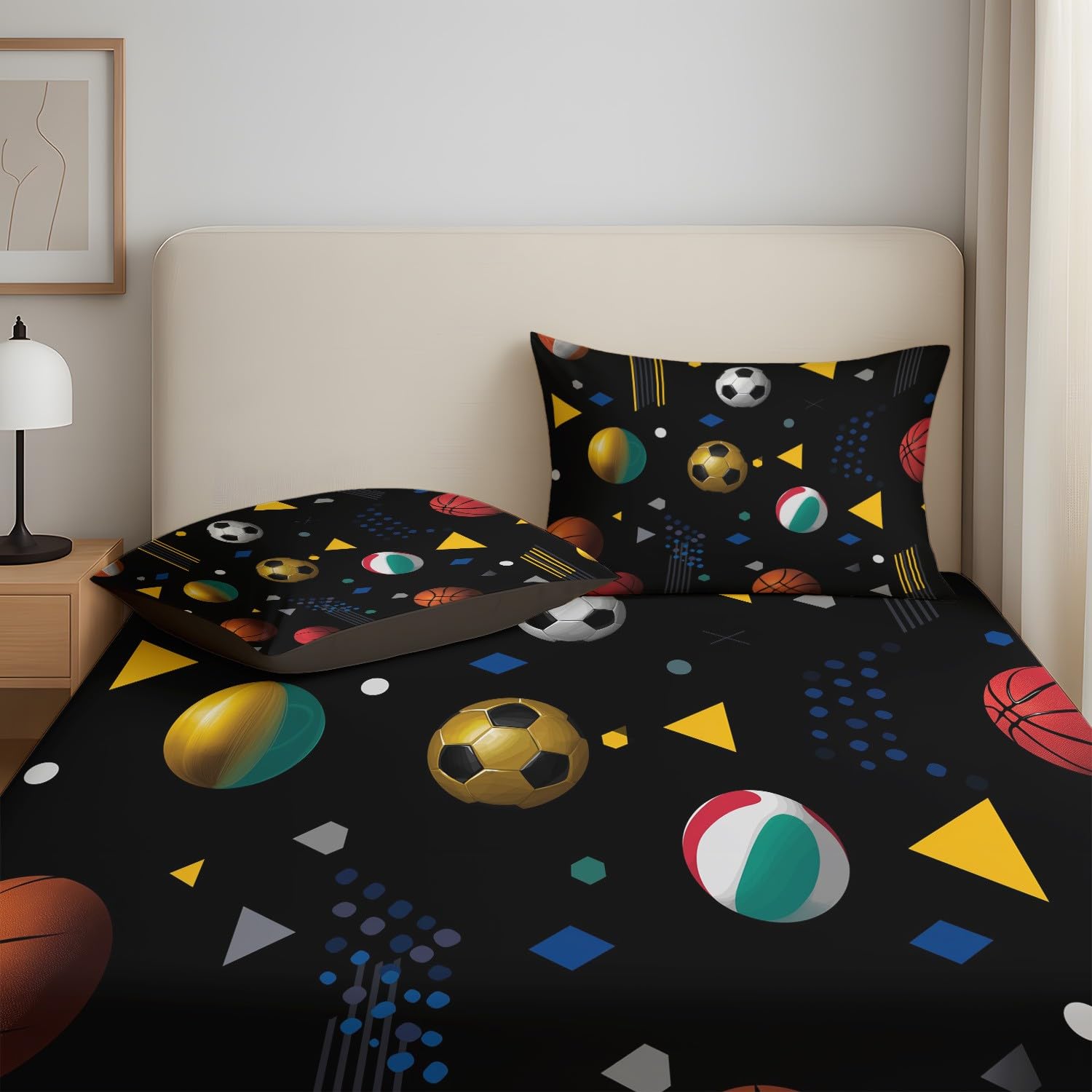 Sport Ballsport - Lenzuolo con angoli da 200 x 200 x 30 cm, 3 pezzi, 2 federe da 80 x 80 cm, lenzuolo con angoli per bambini, adolescenti e adulti, in microfibra