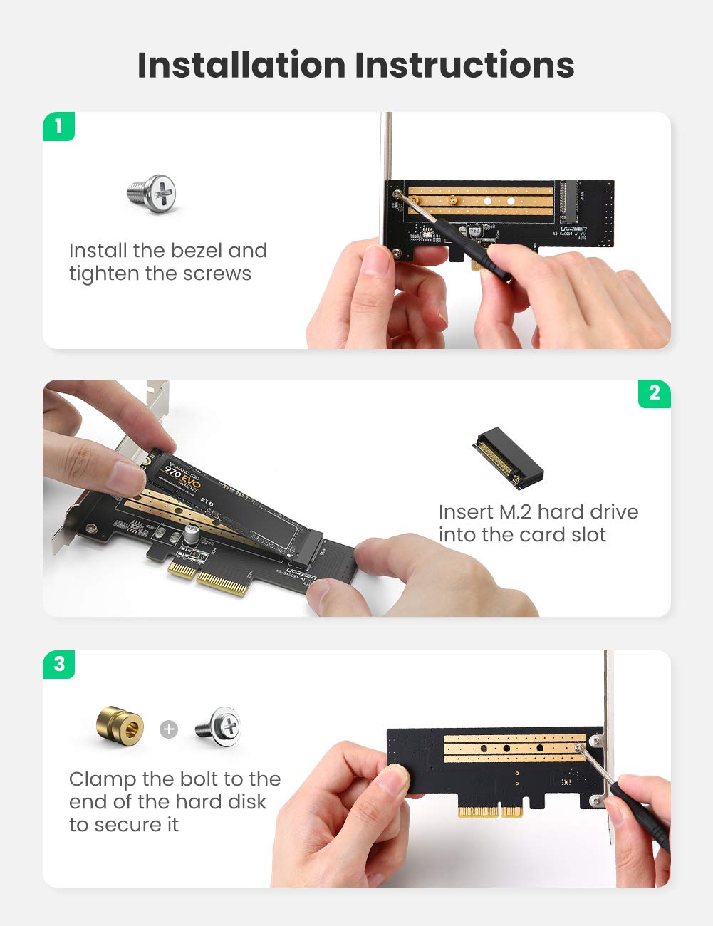 UGREEN Adattatore PCI Express M.2 da SSD NVMe a PCIe 3.0 Adattatore da Scheda PCIe a NVMe SSD Supporta M2 SSD con Chiave M nella Misura 2230/2242/2260/2280