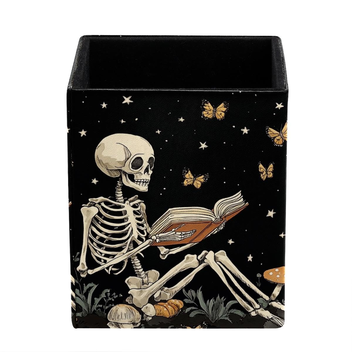 HEOEH Skeleton Reading Pen Holder Pen Pot, Square Pencil Cup for Desk