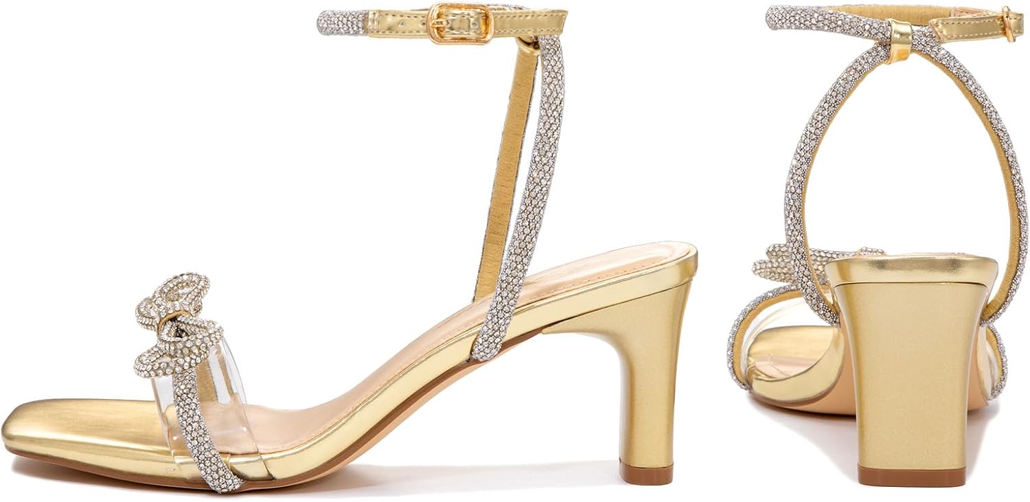 Athlefit Women's Rhinestone Bow Heels Clear Open Square Toe Block Heels Buckle Heeled Sandals for Party Wedding
