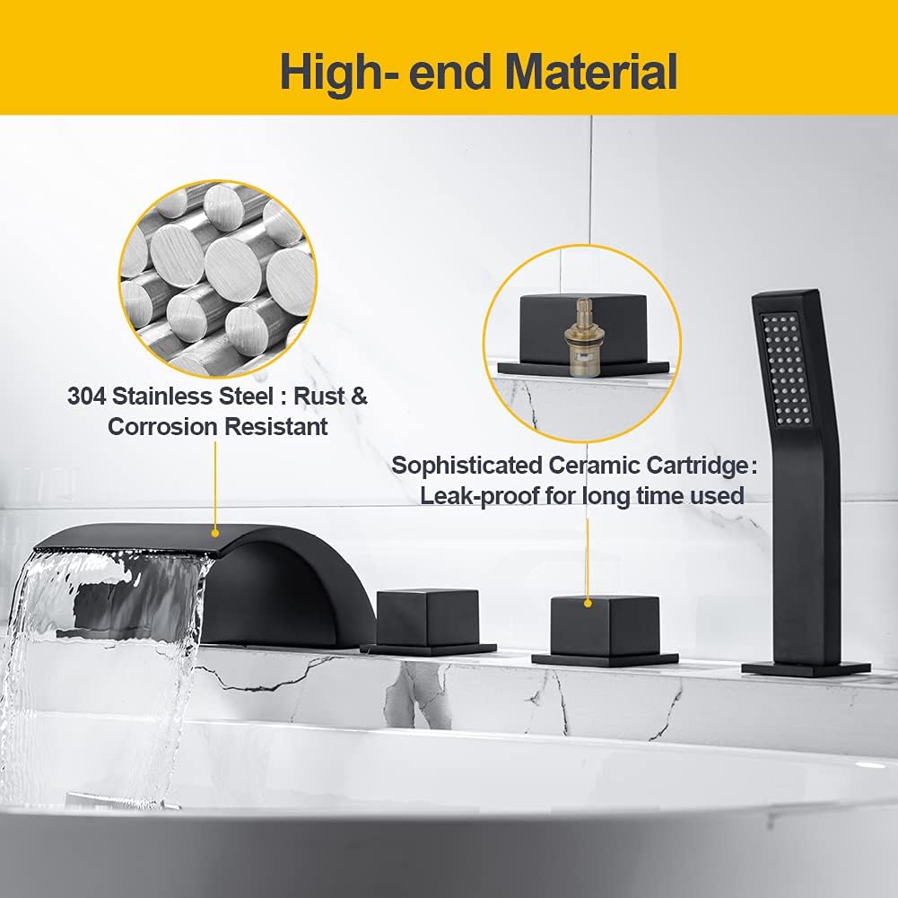 Roman Bathtub Faucet Set with Sprayer 5 Hole Waterfall Bathroom Tub Faucet Set Widespread Tub Filler Faucet Deck Mounted Bathtub Faucet Set with Valves, Matte Black