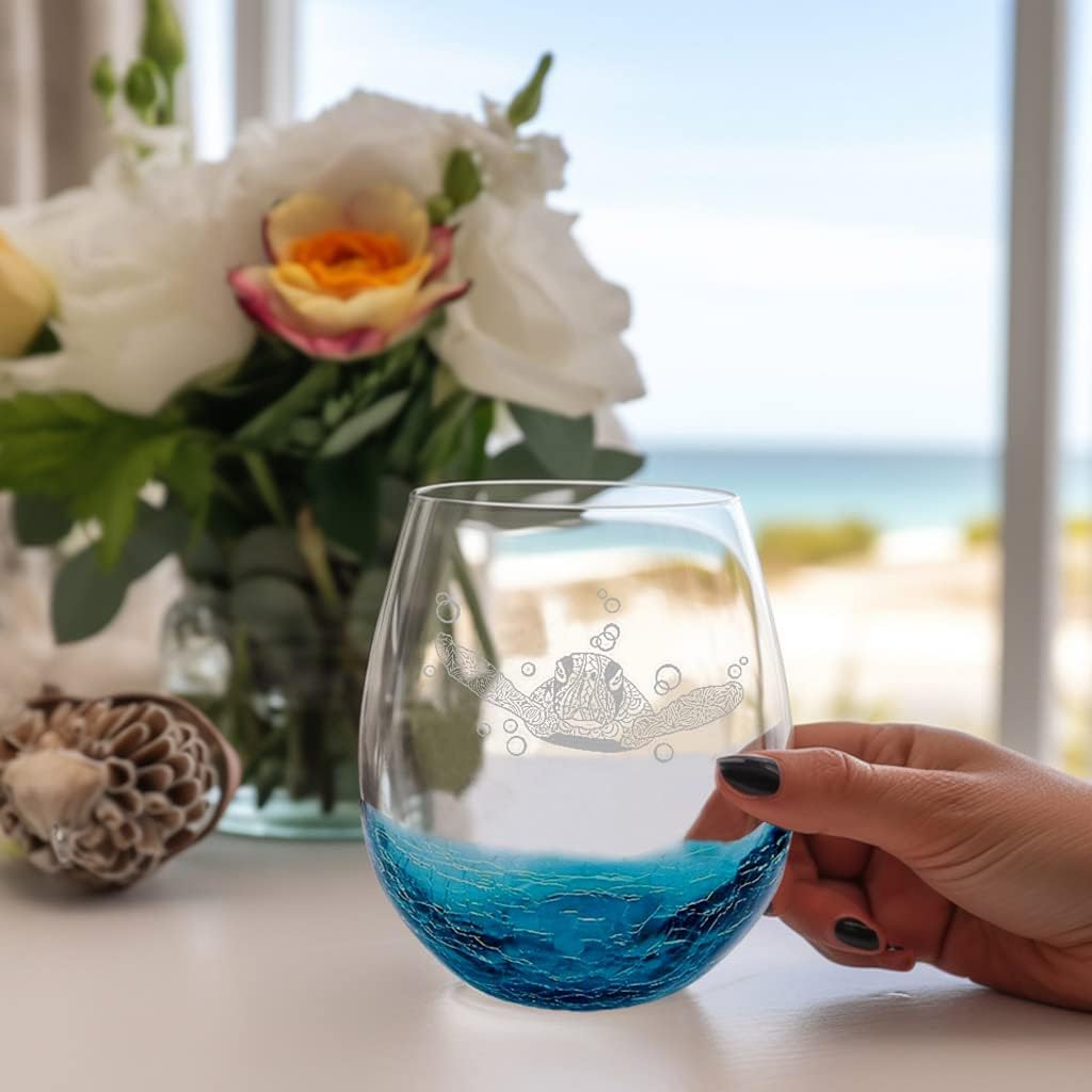 Etchpress Christmas Day Gifts for Mom from Daughter, Tribal Sea Turtle Handmade Engraved Crackle Turquoise Wine Glass for Beach, Gifts for Sea Turtle Lovers Women Men