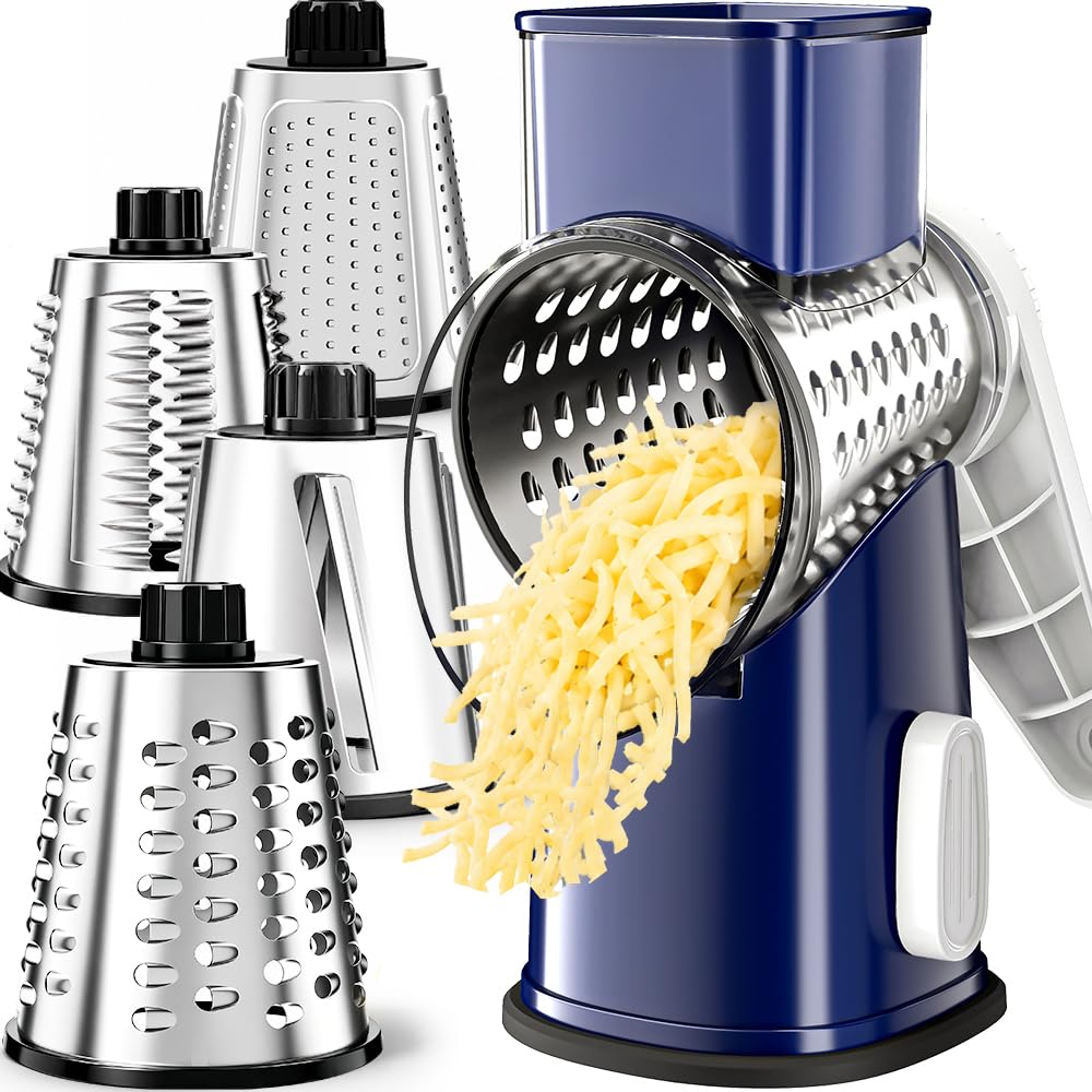 VEKAYA Rotary Cheese Grater Hand Crank,Large Drum Cheese Shredder (Blue)