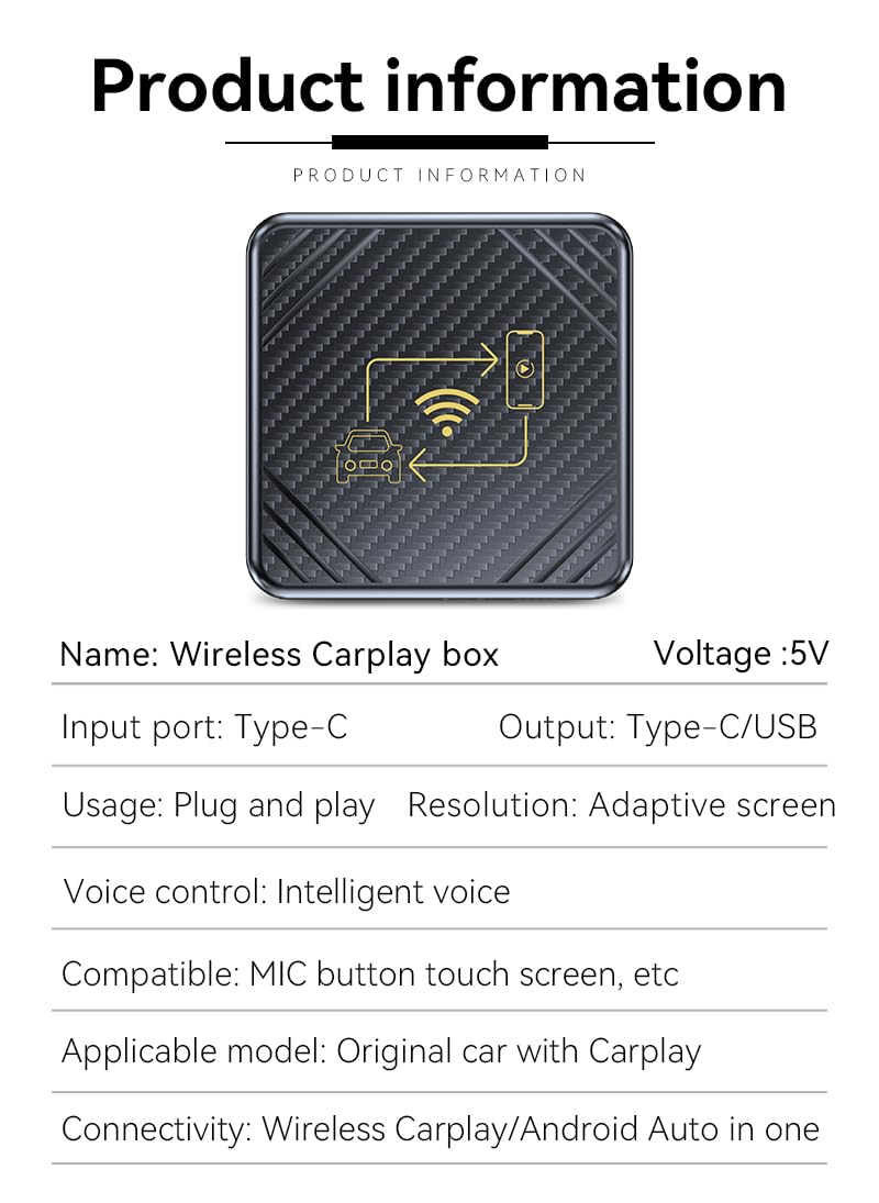 TKMARS Adaptador Inalámbrico CarPlay, Caja de Dongle Carplay Wireless 2-in-1 para Apple y Android Telefone, Carplay Android Auto Plug & Play, Baja Retraso