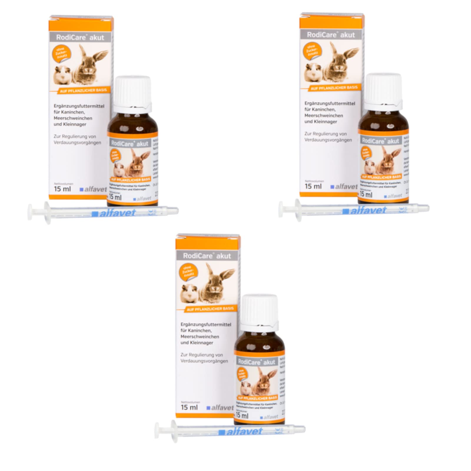 alfavet RodiCare akut | 3er Pack | 3 x 15 ml | Ergänzungsfuttermittel für Kaninchen, Meerschweinchen und Kleinnager | Zur Unterstützung der Verdauung | Ohne Zuckerzusatz