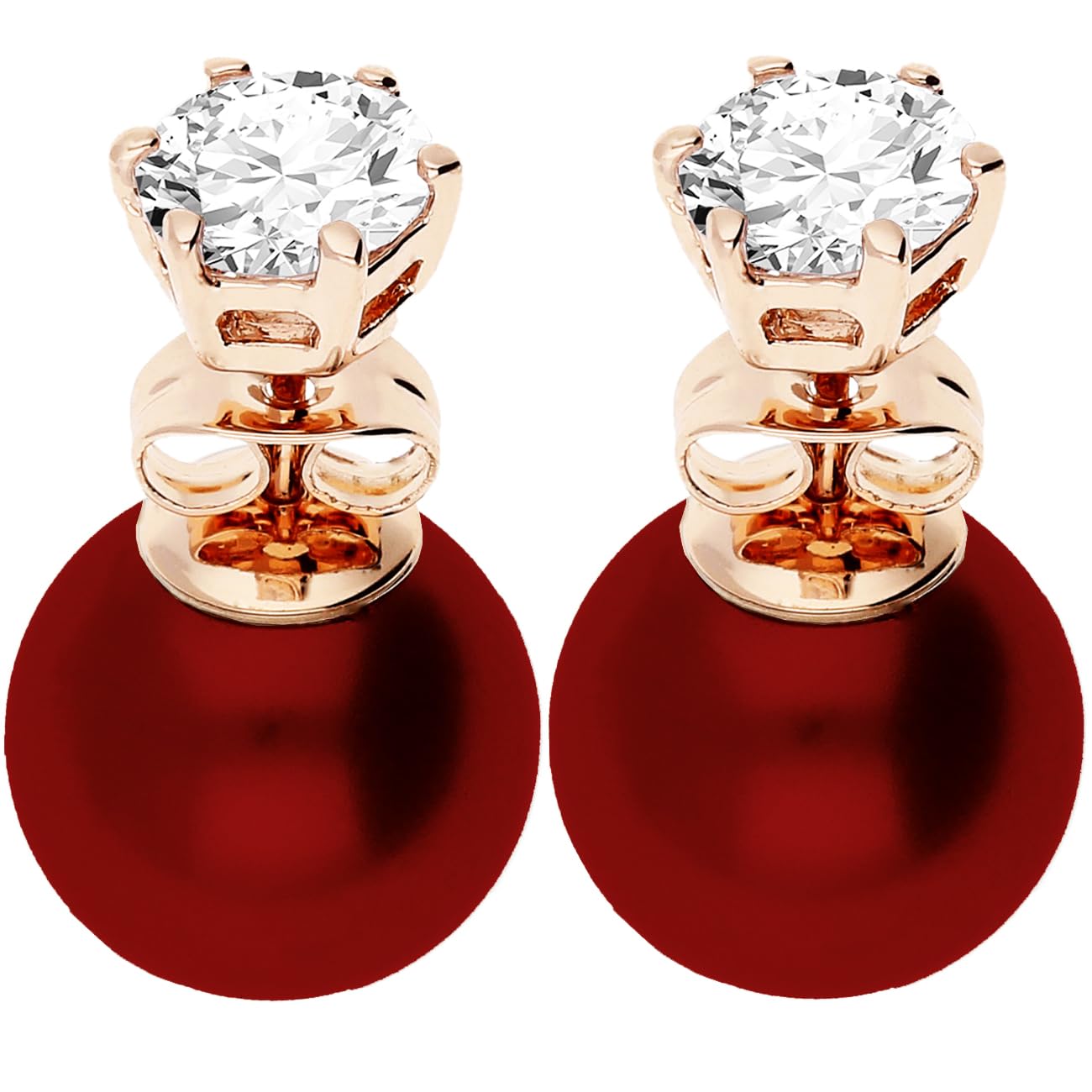 Ohrstecker Doppel Ohrringe 750er Roségold Vergoldet Zirkonia 6mm Zwei Perlen Rot 10mm, Damen Perlenohrringe Glitzer Stein Front Back Set Rose Gold Schmuck