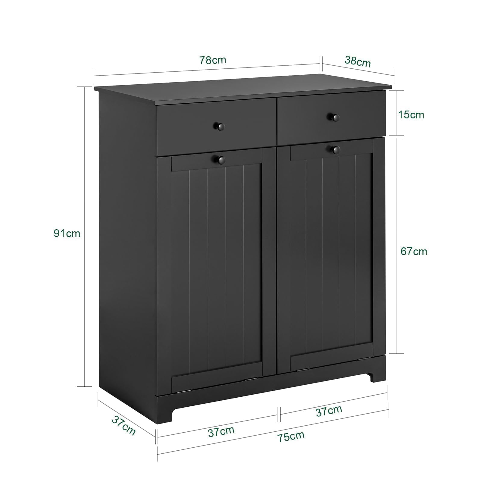 SoBuy Mobile bagno con portabiancheria - Mobiletto bagno salvaspazio con 2 cassetti e 2 sacchi estraibili - Mobile lavanderia per ingresso o cucina in MDF, Nero, 78x38x90cm, BZR33-II-SCH