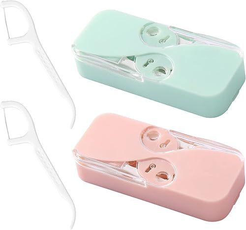 JIBIACB Estuche portátil para hilo dental, dispensador automático de hilo dental para limpieza de dientes, hilo dental (rosa + verde)