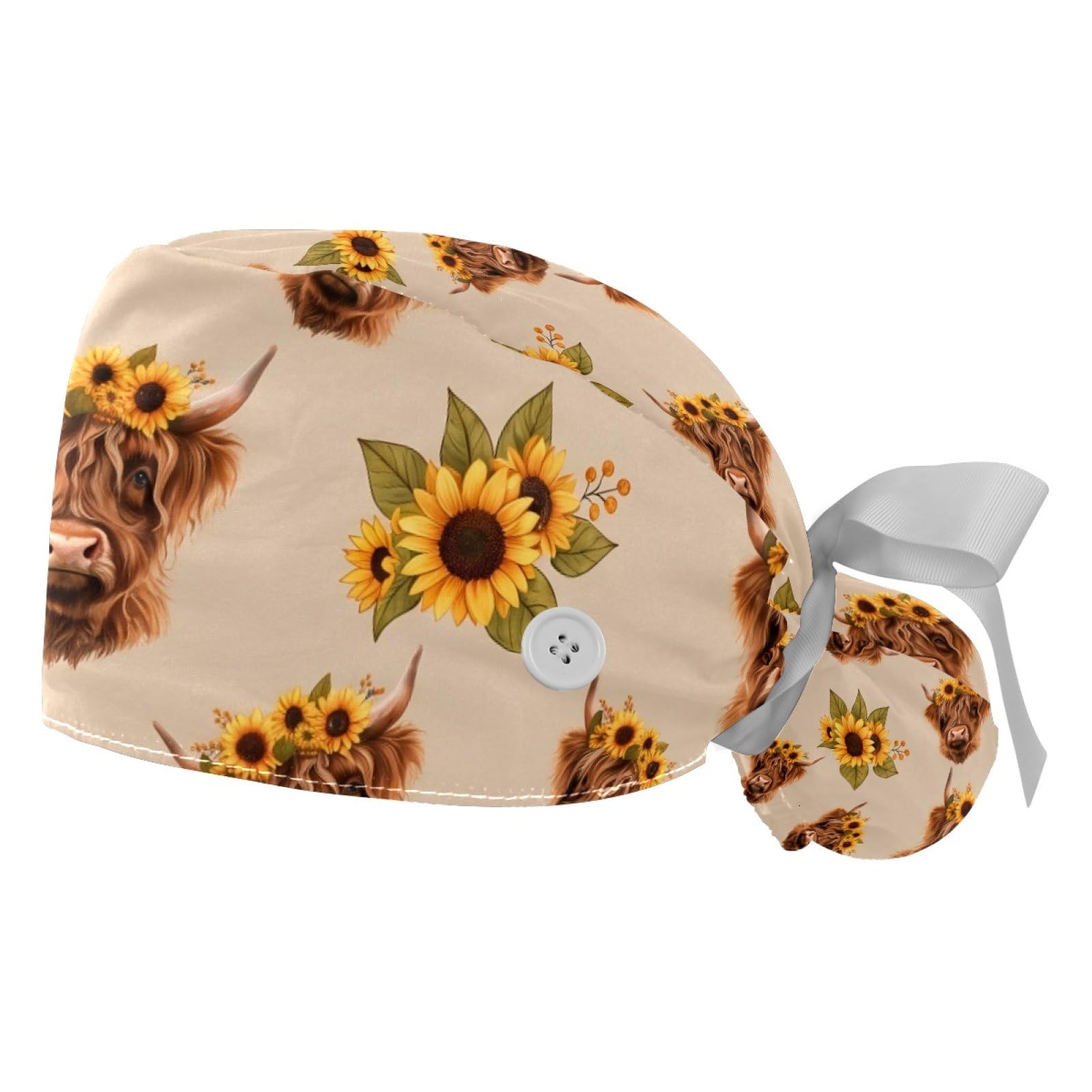 2 PCS Bouffant Cap with Button Ponytail Pouch Working Cap Sweatband Adjustable Surgical Cap Black and White Cow