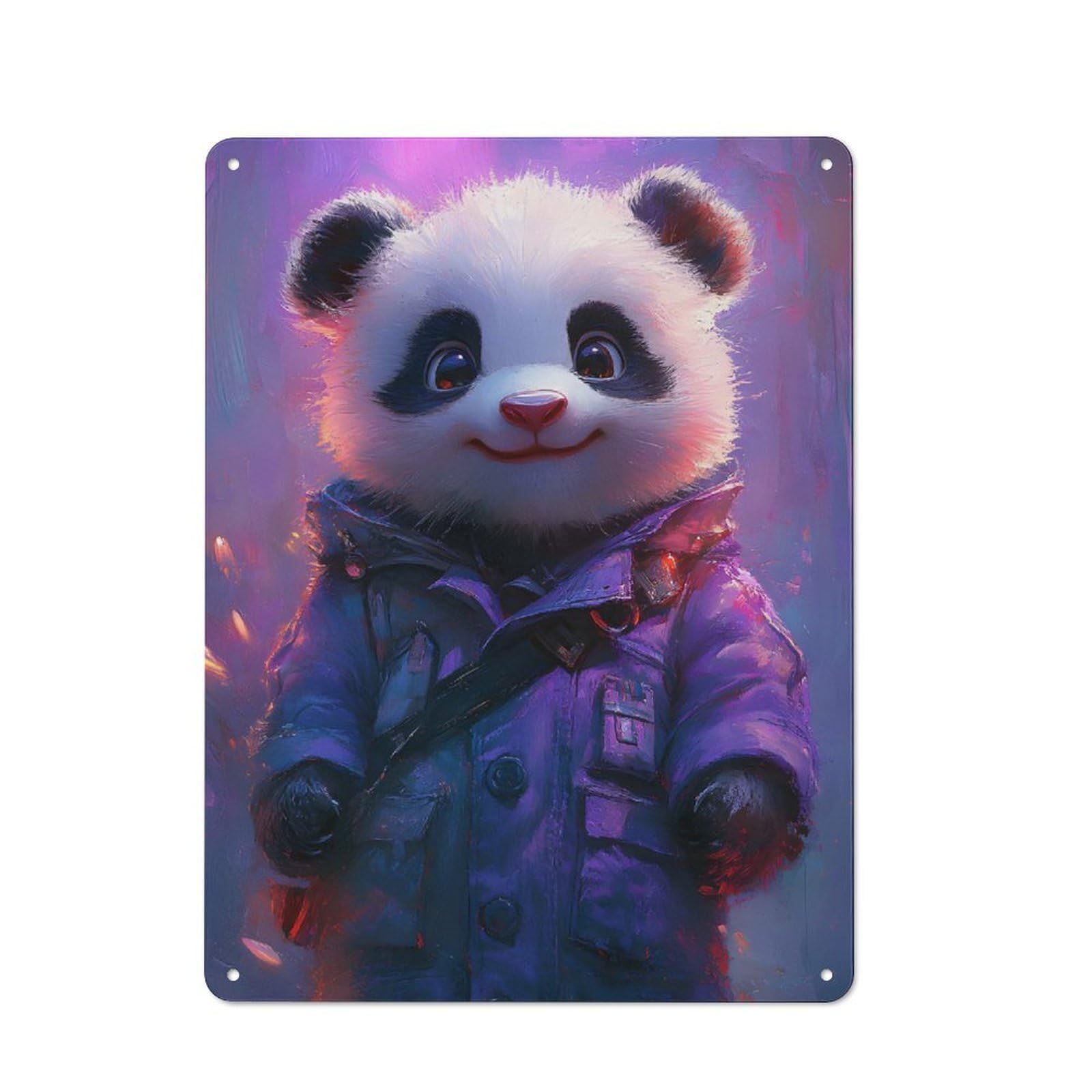 Cute Panda in Purple Coat Metal Wall Sign 40x30cm, Nostalgic Classic Pub Decor for Pub, Home Bar, Shed Or Man Cave
