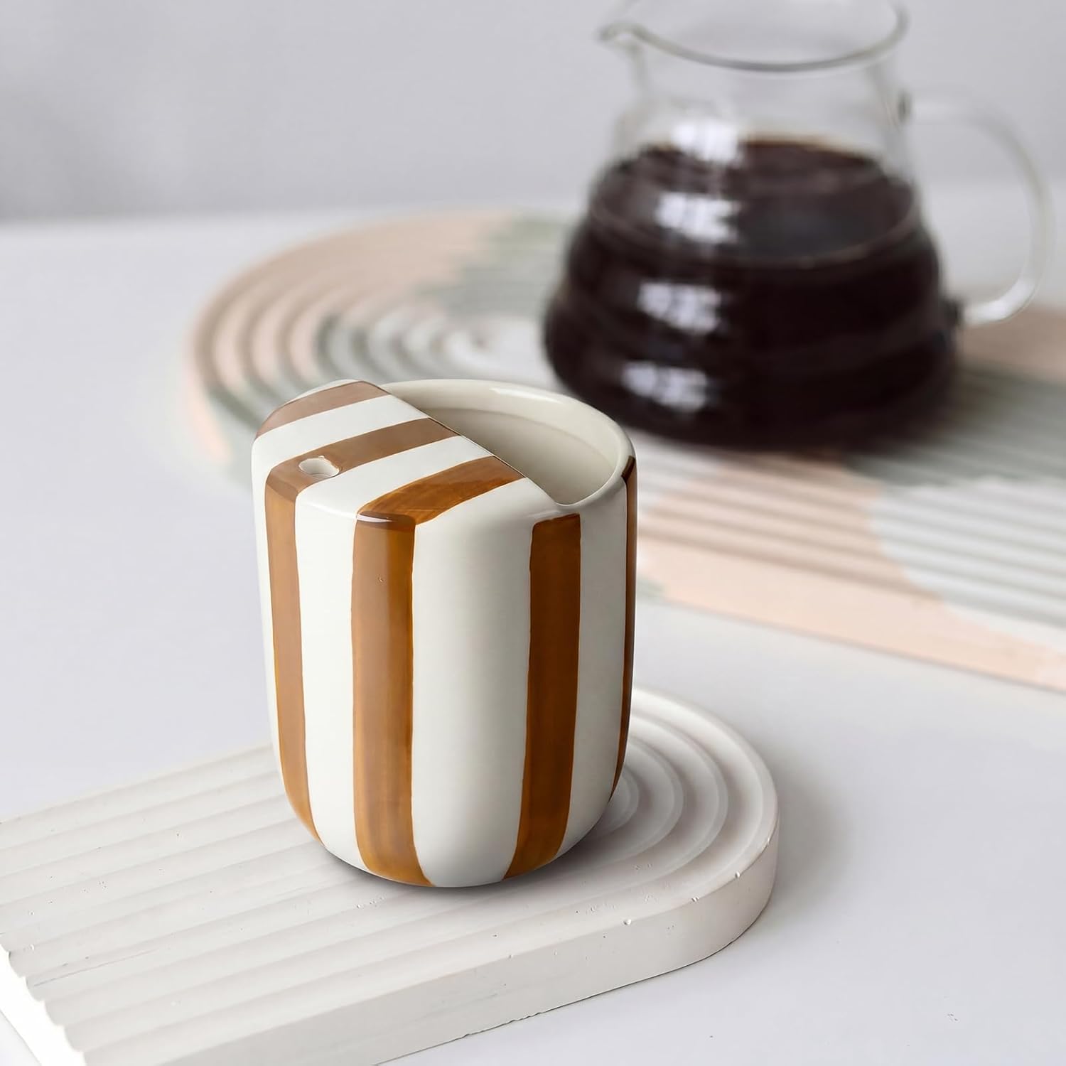 1 Pcs Ceramic Mug with Sip Hole 10 oz Brown Wide Striped image 5