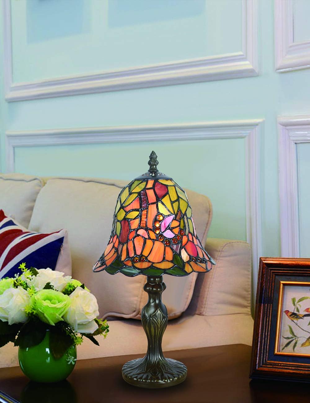 Table Lamp Tiffany Style 8 Inch Stained Glass Lampshades Small Bedside Lamp Reading Antique Desk Light Living Room Bedroom Office Vintage Art Decor (A-5)