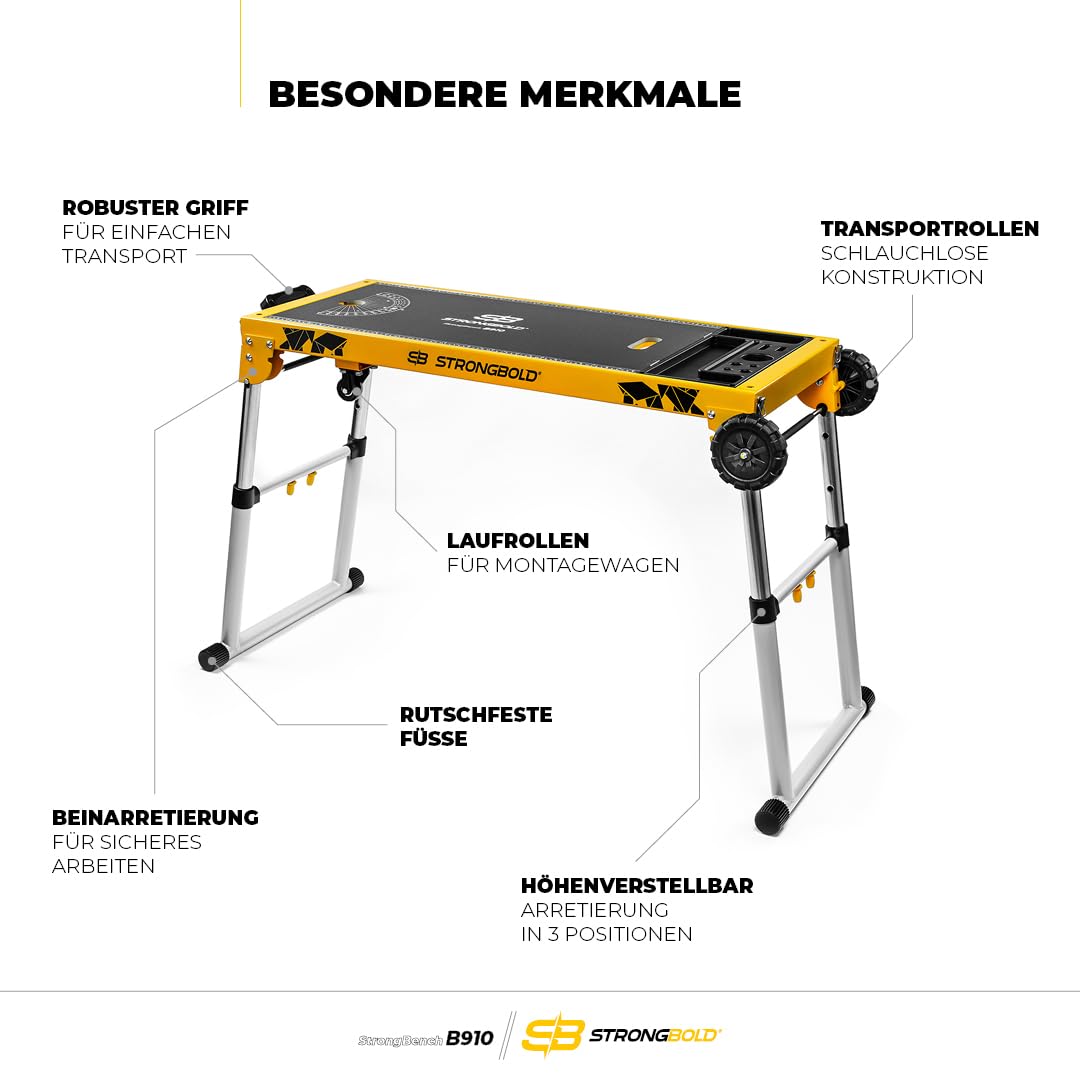 StrongBench B910 ❘ Multifunktionaler Werkstatttisch ❘ Höhenverstellbare Werkbank Werkstatt mit Höhenverstellbarer Arbeitsplattform ❘ Werkbank Klappbar ❘ Funktionalität als Handwerker-Liege