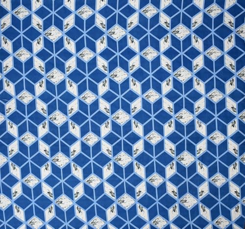 Image of 350 TC Premium Heavy Cotton Feel Elastic Fitted Bedsheet King Size with 2 Pillow Covers || Double Bed with All Around Elastic (Blue Geometric, Fitted - Double72x72)