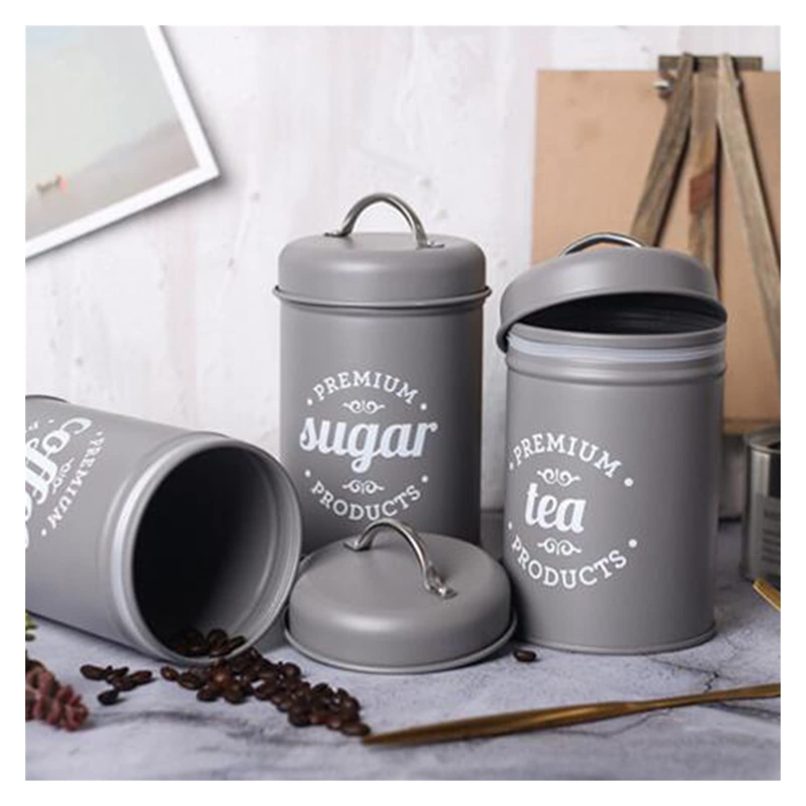 QINGGANGLING999 Kaffeedosen Set von 3 Tee Kaffee Zucker Metallkleid Küche Aufbewahrungsbox Food Canist Behälter Küchenbehälter mit Deckeln Kaffeedose Luftdicht (Color : Black)