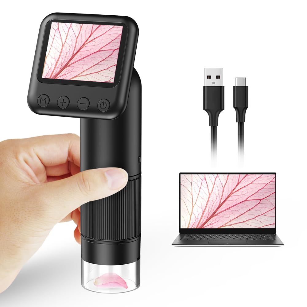 Microscopio digital de mano 800X con pantalla LCD de 2", microscopio portátil de bolsillo para niños con luces LED ajustables, microscopio con lupa para monedas, USB a PC, incluye tarjeta SD de 32 GB.