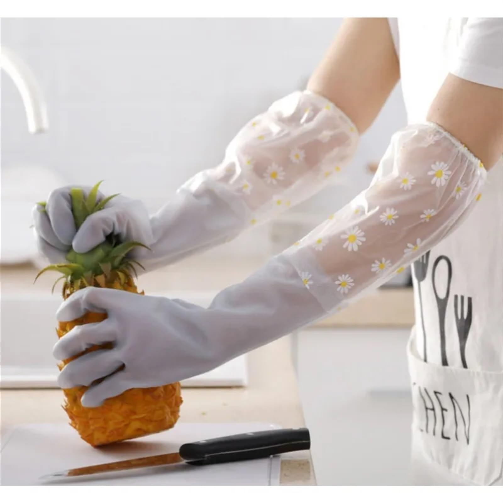 1 Par Guantes Manga Larga Lavar Cocina Jardinería Duradero(Blau)