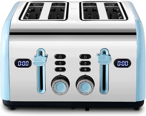 REDMOND - Tostadora de 4 rebanadas, tostadoras retro de acero inoxidable con pantalla de temporizador digital LED de cuenta regresiva, panel de